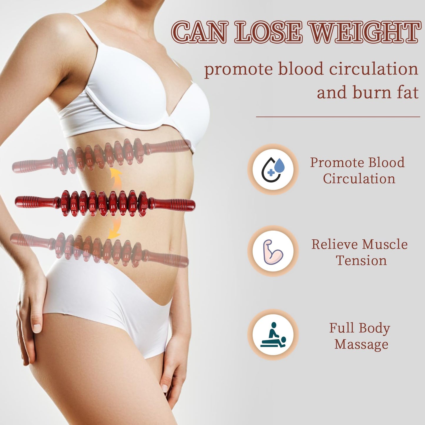 Liitrton Manual Wooden Fascia Massage Roller Trigger Points for Release Cellulite Sore Muscle Blasting (Red straight-9-Wheel)