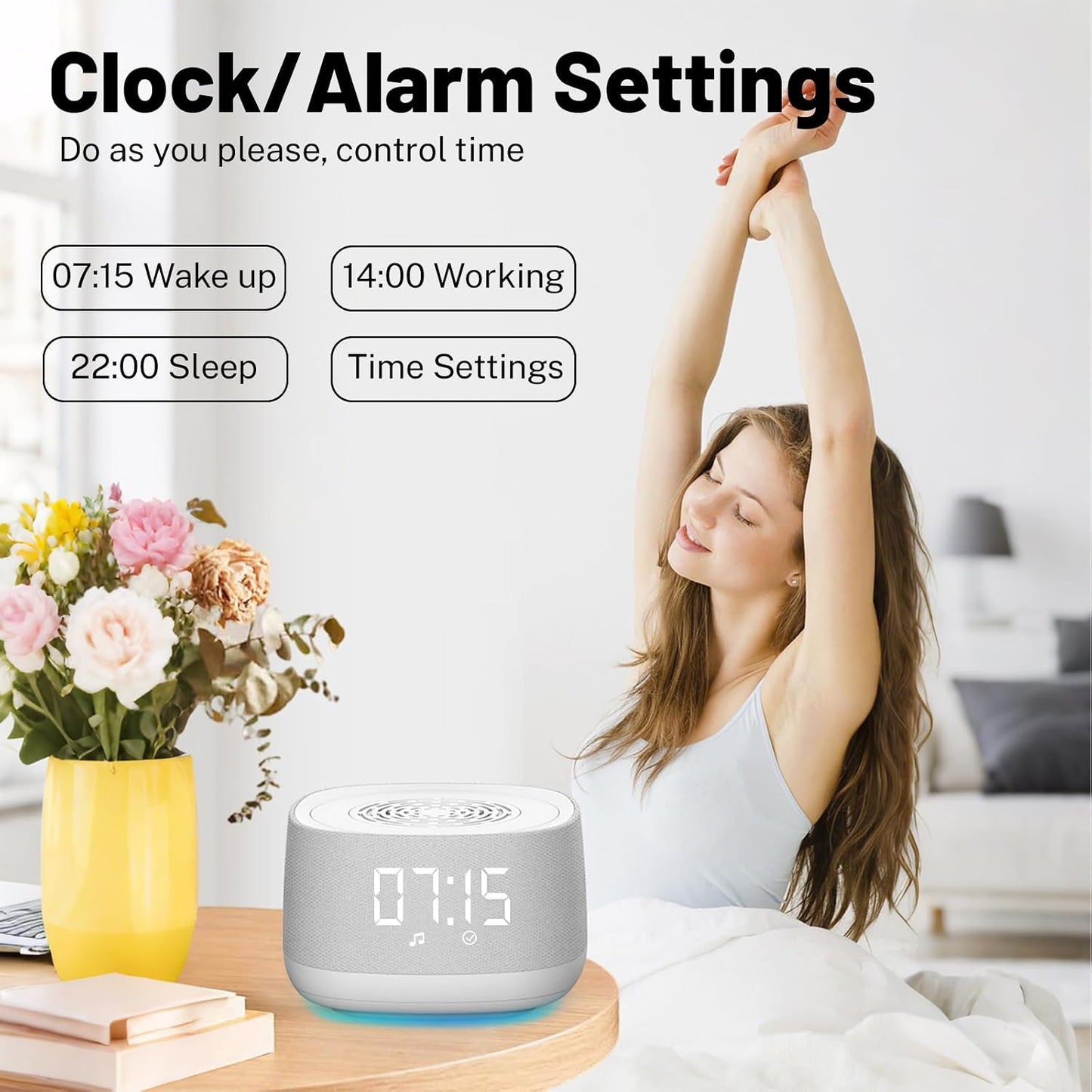 5.4, 14 1000mAh Sound Machine & Clock with Bluetooth Soothing White Noise Sounds, Night Light, Sleep Timer, Portable