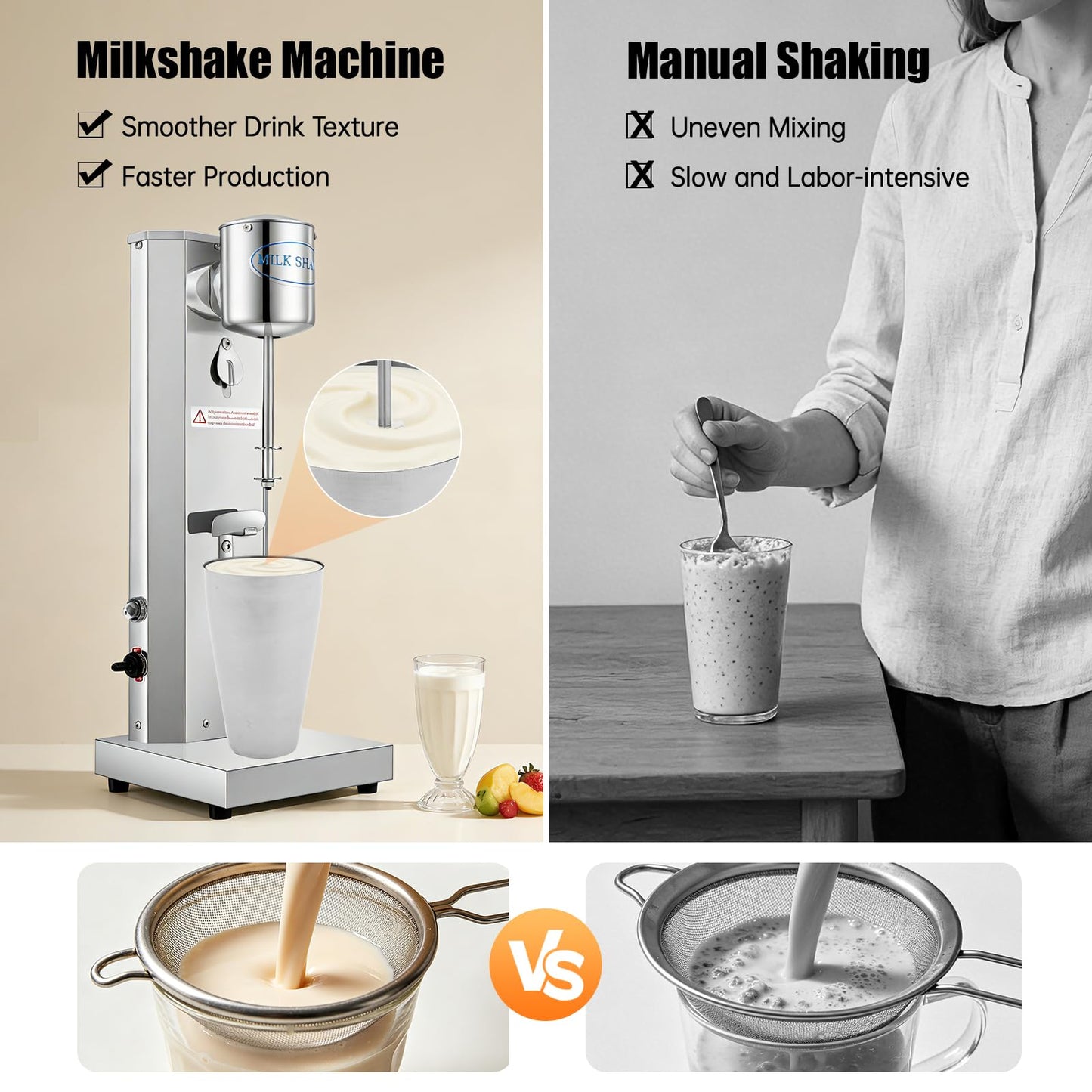 Electric Milkshake Maker Machine, 180W 2-Speed Milk Shake Mixer Machine with 22oz Stainless Steel Mixing Cup, Commercial Milkshake Blender & Drink Mixer for Home or Business(Silver)