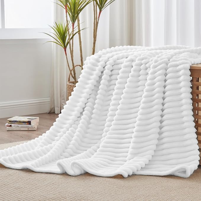 BEDELITE Twin Blanket for Couch & Bed, 300GSM Soft & Warm Fleece Blanket, Decorative and Giftable Striped White Blankets for Women, Men, 60"x80"