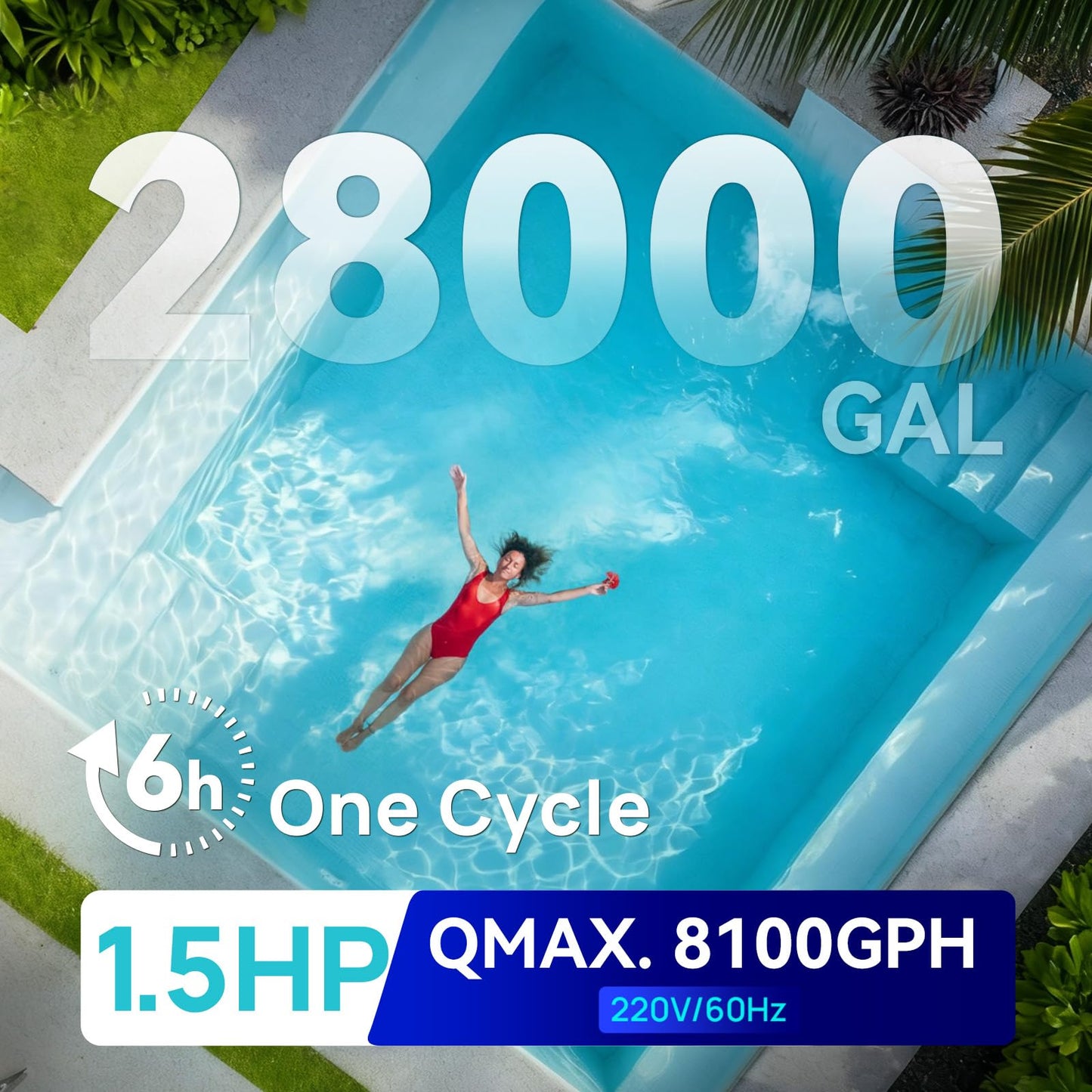 AQUASTRONG 18in Sand Filter Pump for Above Ground Pool with Timer, 220V, 1.5 HP, 8100 GPH Pool Pumps Above Ground for Pools Up to 28000 GAL, Pool Sand Filter with 6-Way Valve