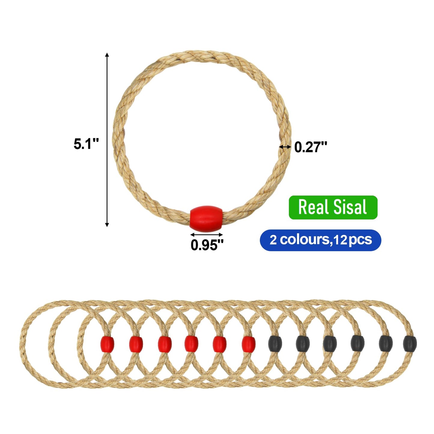 12 Pack Sisal Rope Ring Toss Game Replacement Parts for Adults and Kids, Outdoor Toss Rings for Agility Practice and Speed Game and Yard Games and Lawn Games for Party (Red and Black)