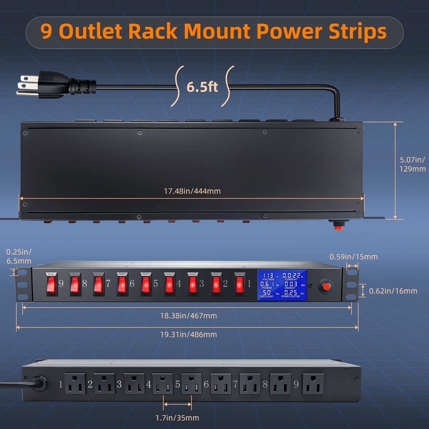 9 Outlet Rack Mount Power Strip with Individual Switches, PDU Surge Protector 15A 125V 1875W, 1U Server Rack Power Distribution Unit with Overload Protection and Power Monitoring, 6.5FT Cord