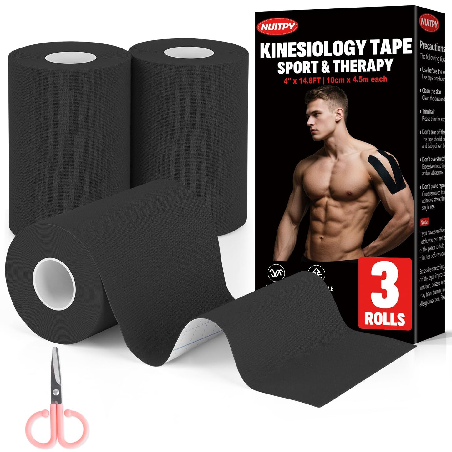 3 Rolls Kinesiology Tape, 4 inch x 14.8 Feet Waterproof Athletic Tape, Uncut Kinetic Tape, Elastic Muscle Tape, Sports Tape, Knee Tape for Exercise and Daily Use - Black