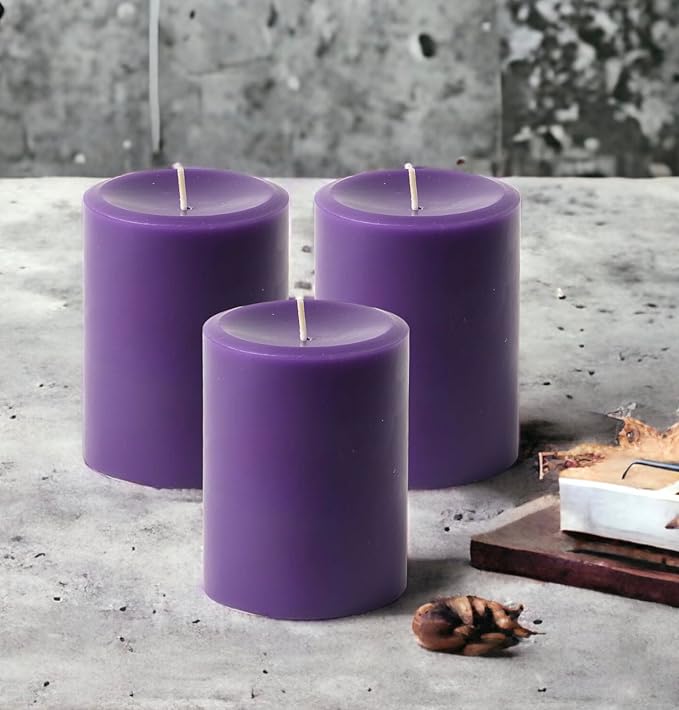 Mister Candle Dripless Unscented Pillar Candles, Set of 3 Hand Poured Solid Color Non-Scented Candles for Home Decor, Premium Wax, 60 Hr Burn Time - 3x4 Inch, Purple