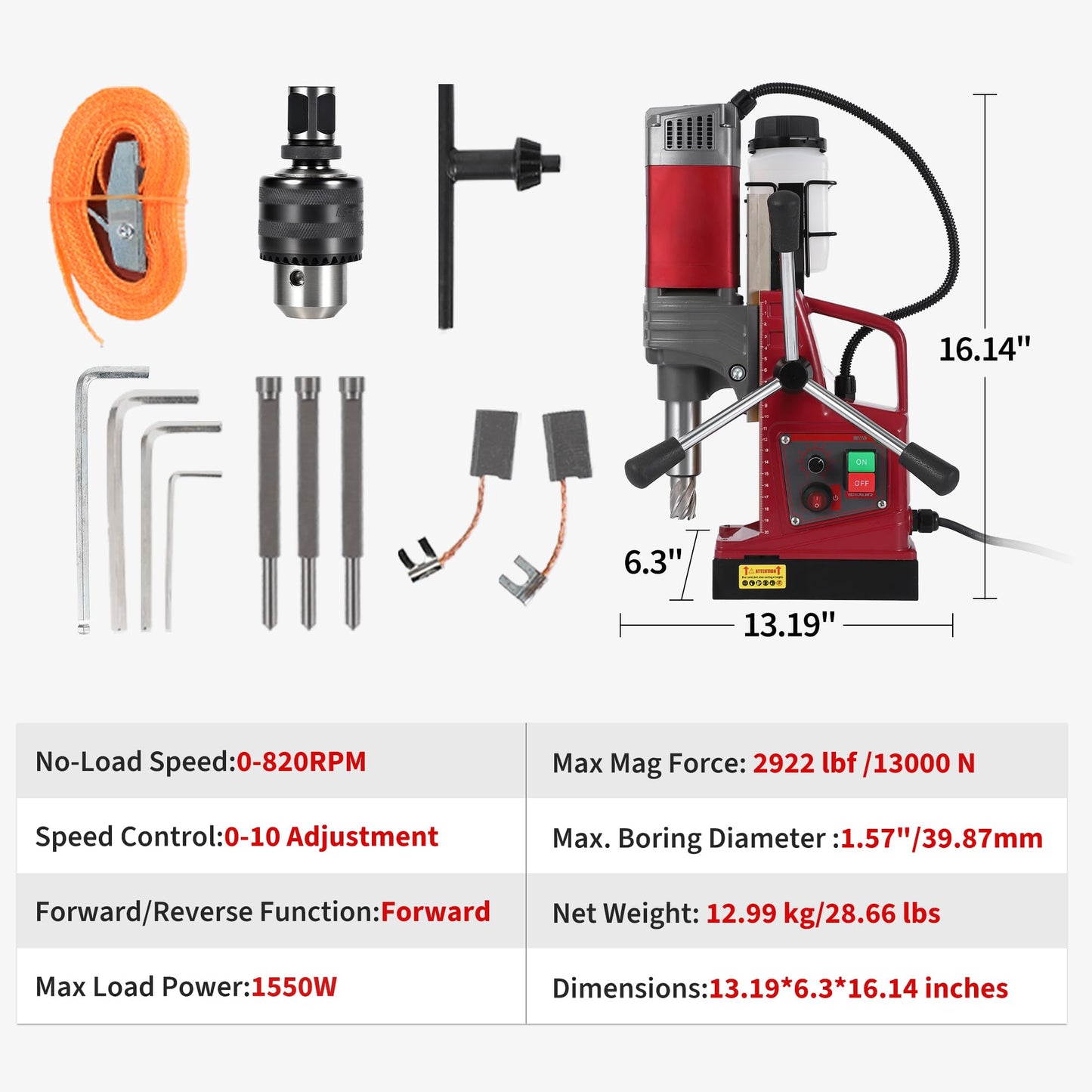 1.57 Inch Magnetic Drill Press, 210mm Max Stroke, 13000N Magnetic Force, 1550W 820RPM Portable Electric Mag Drill Machine for Metal Drilling, Industrial Grade with Drill Chucks & Annular Cutters Kit