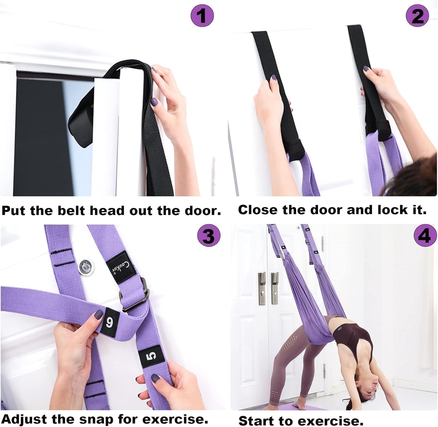 Elfzone Yoga Door Swing - Leg Stretcher Strap,Yoga Stretching Strap,Backbend Training Rope with Door Anchor, Flexibility Trainer Stretching Equipment Assist Stretch Strap for Fitness Gymnastics Dance Aerial Ballet (purple)