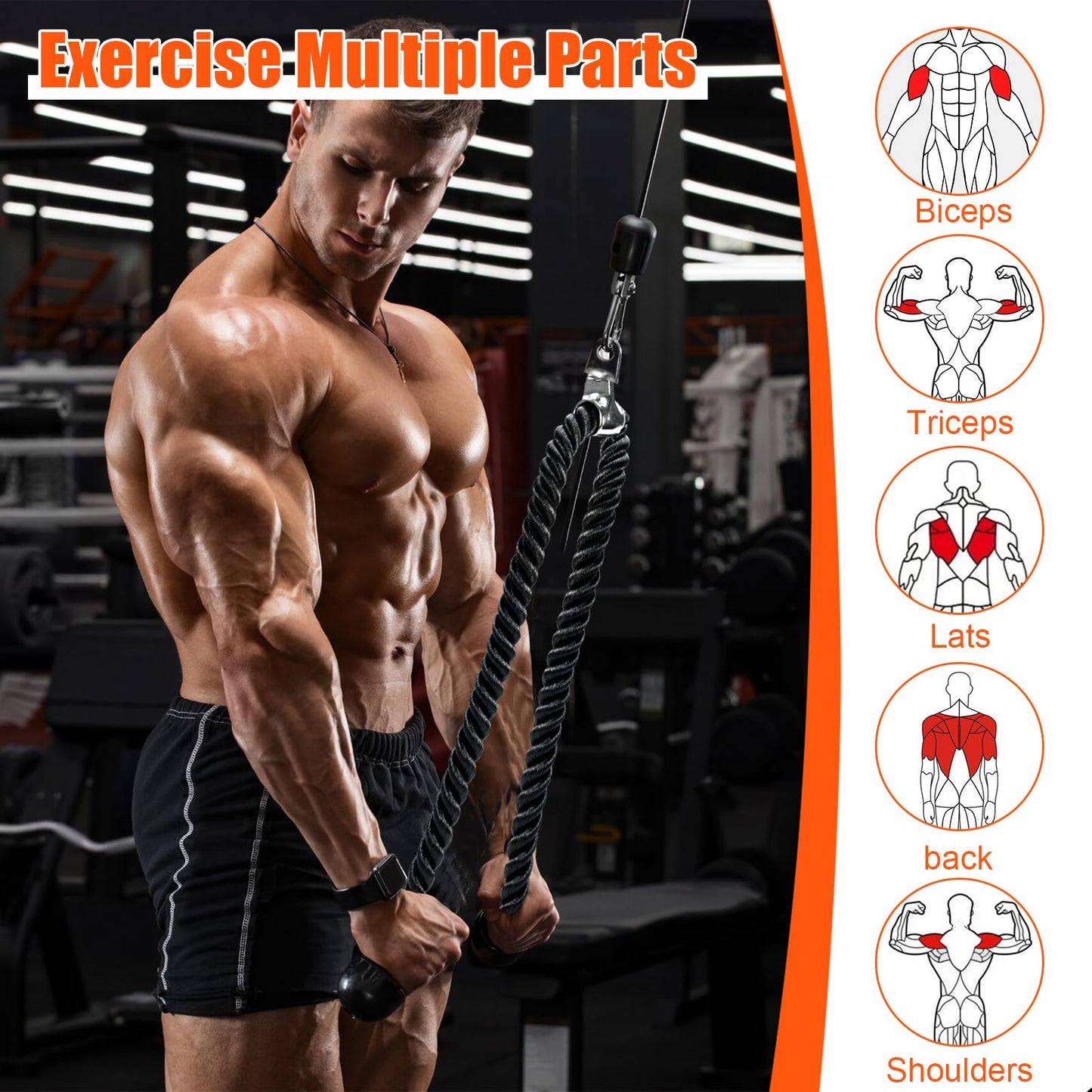 Warmroom Long Tricep Pull Down Rope Exercise Tricep Rope 55 inch Pull Down Rope with Latch Gym Cable Machine Accessories