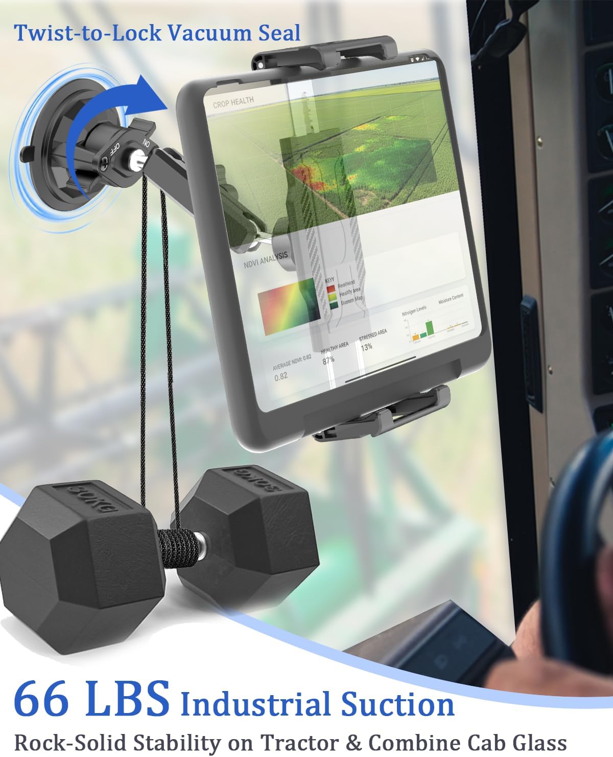 WISHCODE [66LBS 615.6" Heavy Duty Tablet Mount for Tractor, Wheel Loader Vacuum Suction Cup], Thick Case Friendly