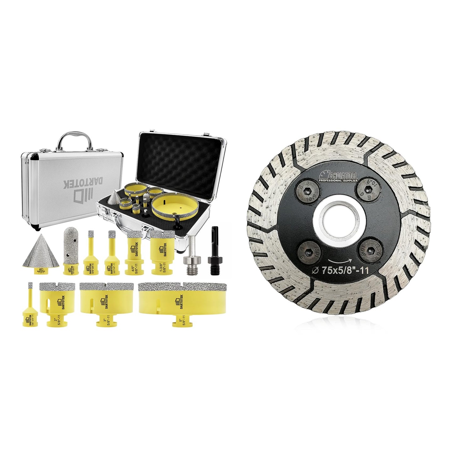 Diamond Core Drill Bits Set 12PCS - DARTOTEK Tile Hole Saw Kit (6/8/10/20/35/50/75/125/20mm/2/SDS/HEX for Porcelain, Ceramic Tile, Granite, Marble, Masonry