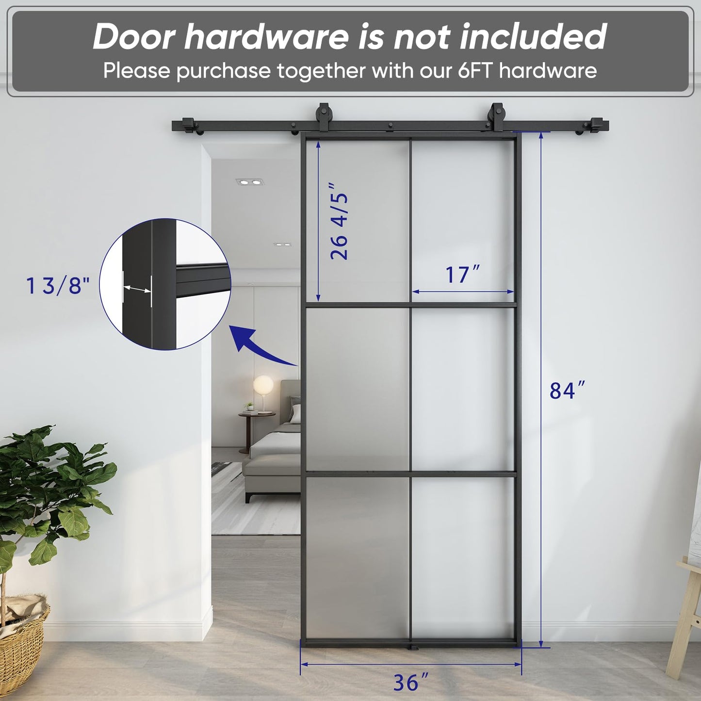 Barnsmith 36in x 84in Aluminum Glass Barn Door Panel - DIY Frosted Tempered Glass Door Slab - Easy Assembly