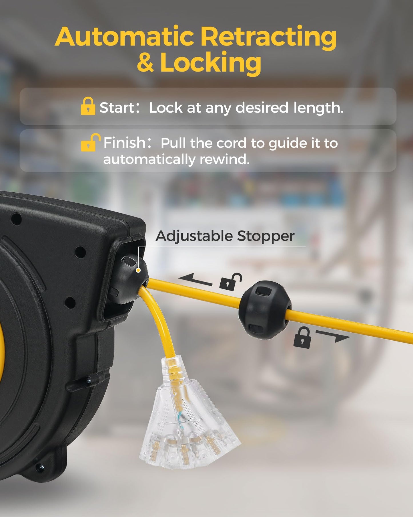 WILAWELS 50 FT 14AWG/3C SJTOW Retractable Extension Cord Reel and 18W 2000LM 15FT LED Work Light Bundle, for Garage, Workshop, Car Repair Scene Y50CR06- Y03WL06