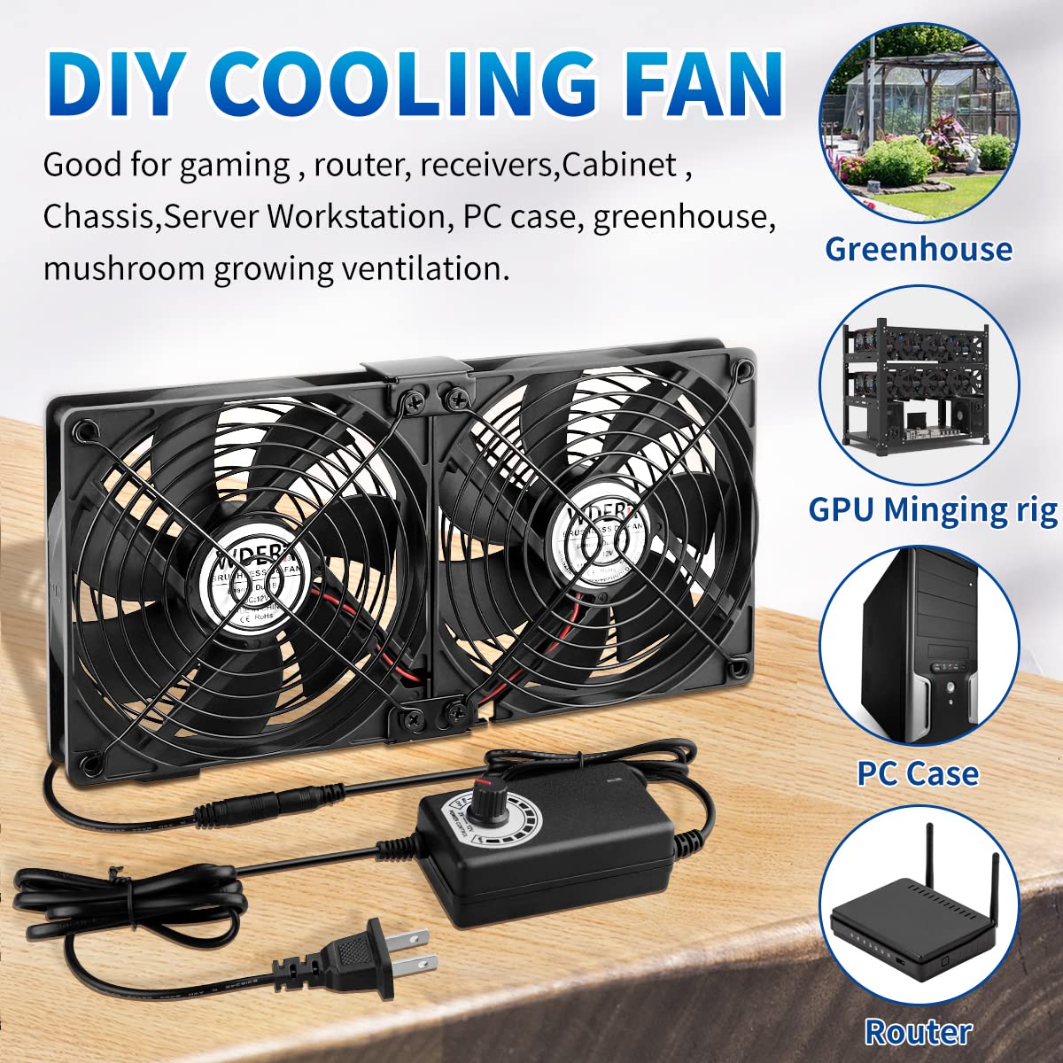 2 120mm 110V-240V Server Cooling x Big Airflow Computer Fan with AC Variable Speed Controller for Chassis PC Cabinets