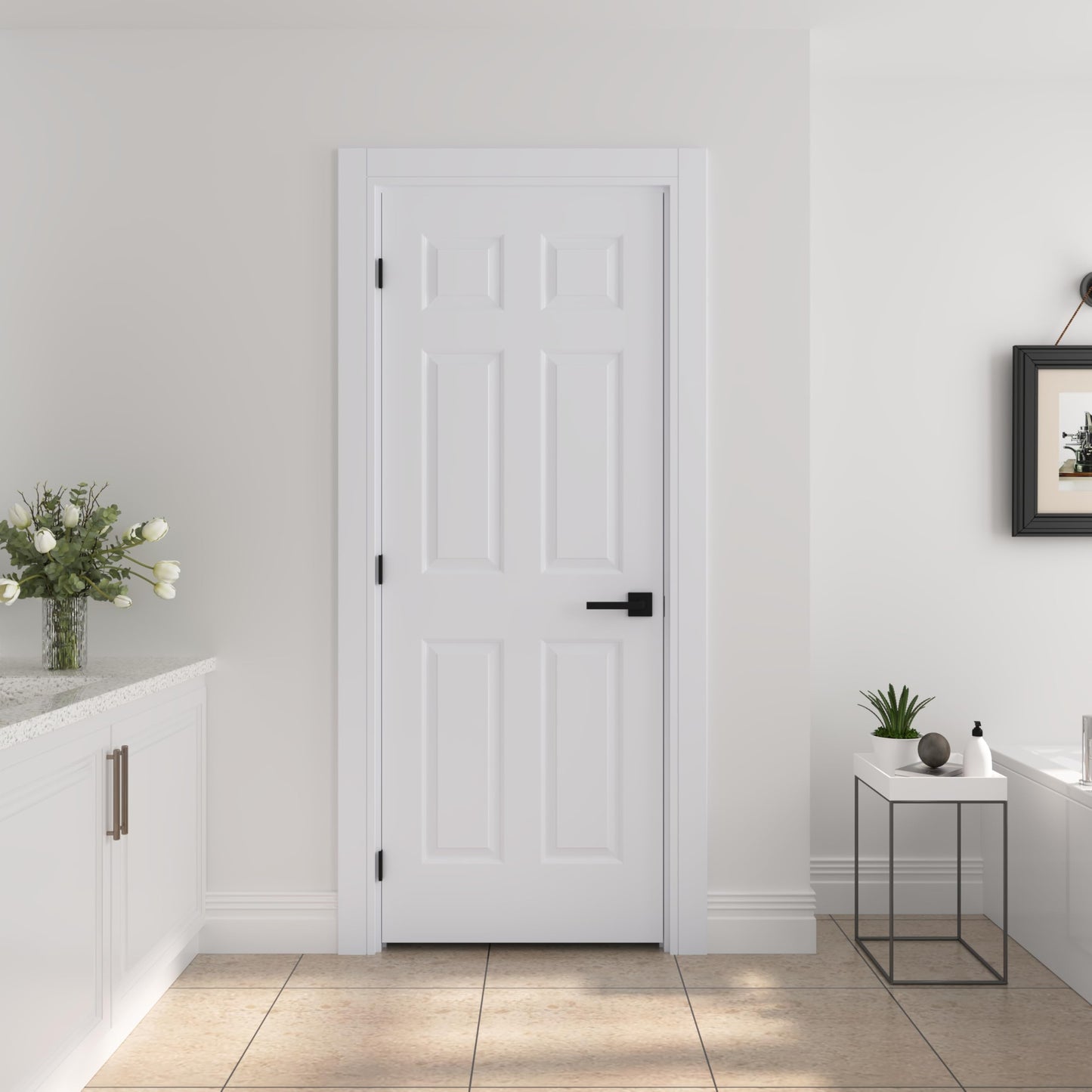 JUBEST 30"x80" Right-Hand Prehung Interior Door with Knock Down Jamb Kit & Matte Black Hinges, 6-Panel White Primed Hollow Core Molded Door Slab with Bore & Hinge Cutout, Durable & Sturdy, No Handle