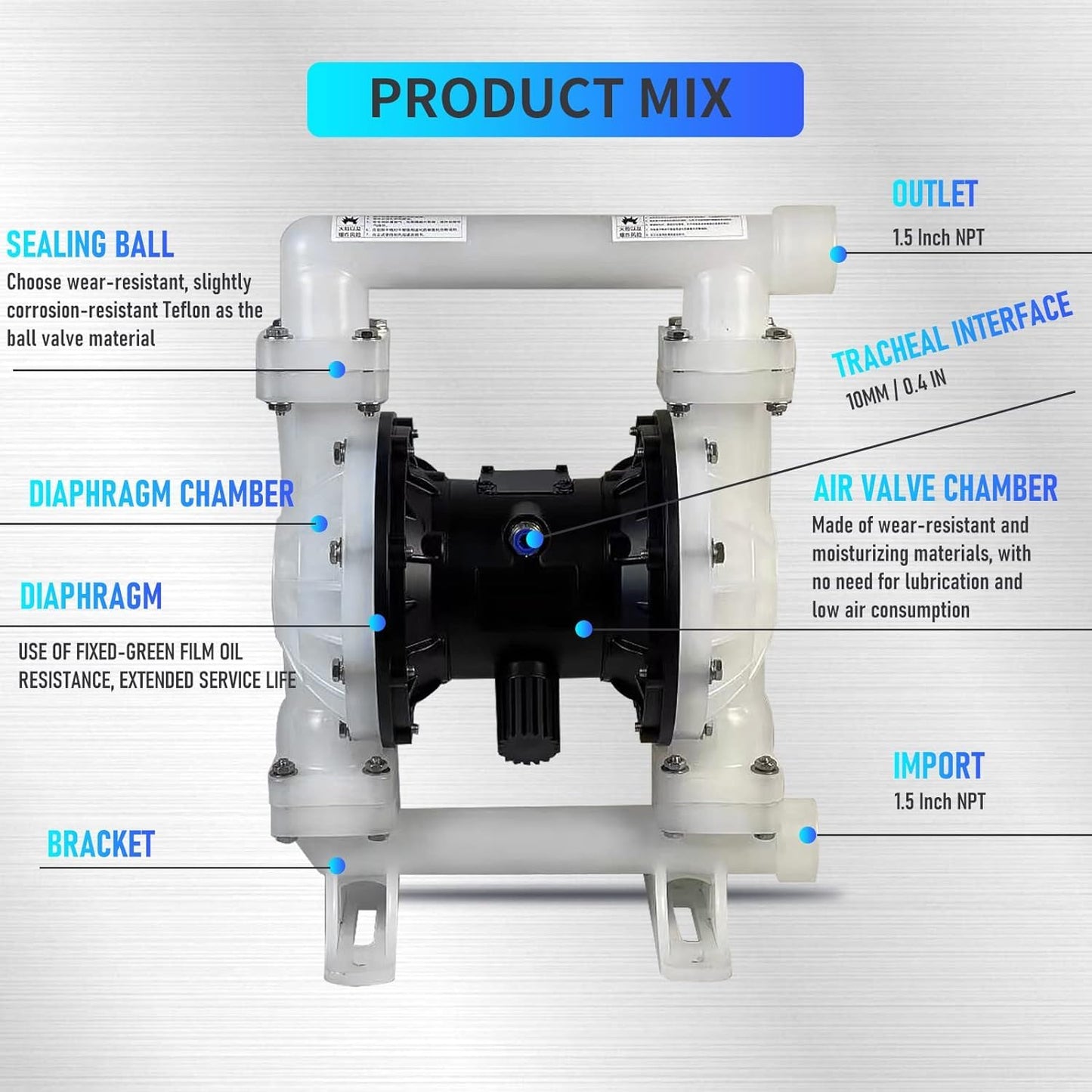 Pneumatic double diaphragm pump, 1-1/2 inch inlet and outlet DN40, polypropylene body, 35GPM and Max 120pSI, chemical pump bleaching oil transfer