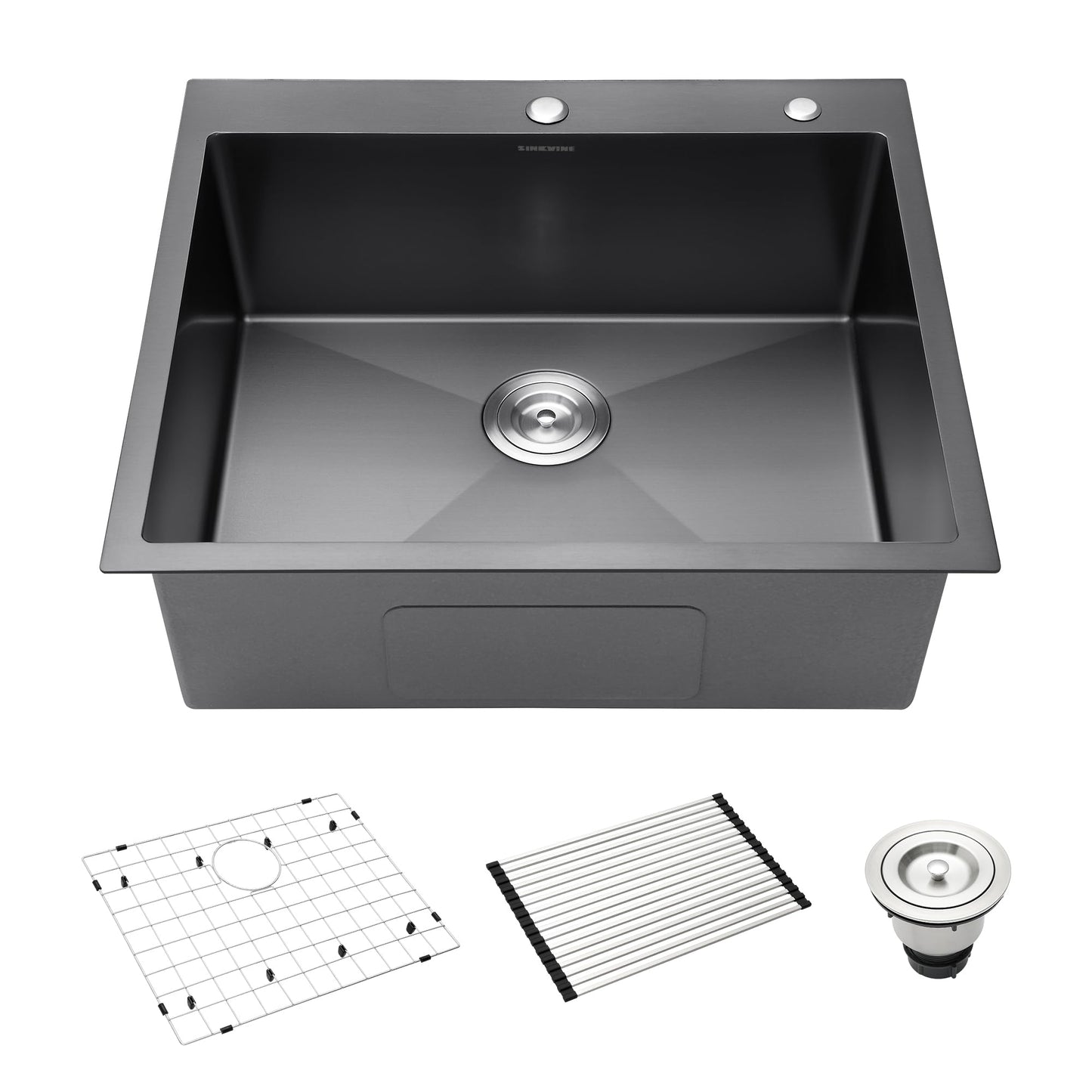 Drop-In Deep Laundry Sink 25 x 22 inch Black, SINKVINE Single Bowl Nano Stainless Steel Kitchen Sink for Outdoor and Indoor Top Mount, with Drain Strainer, Bottom Grid, Roll-up Drying Unit, Dark Gray