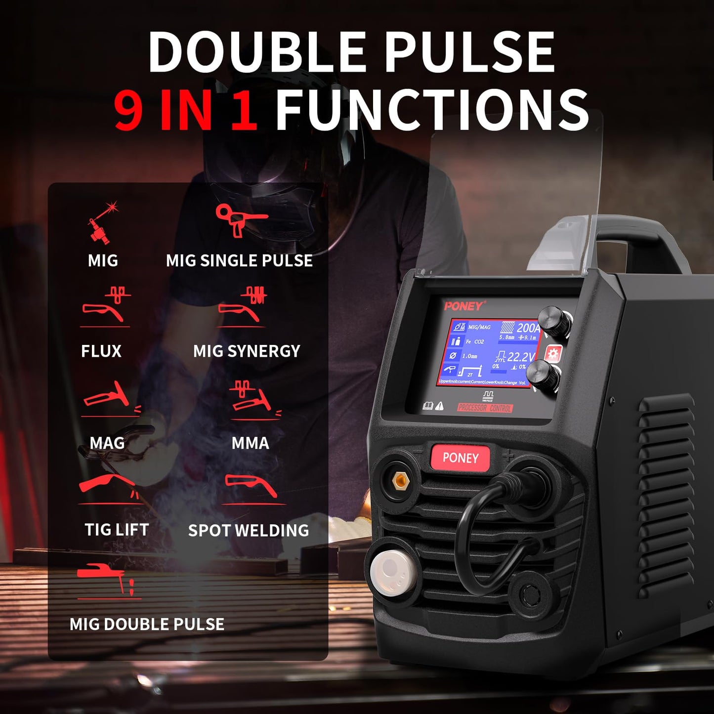 PONEY 200Amp Double Pulse MIG Aluminum Welder 9 in 1 MIG/MAG/FLUX/MIG Synergy/Single Pulse MIG/Double Pulse MIG/TIG LIFT/Spot Welding/MMA 220V Multi Process Welding Machine with LCD Digital Display
