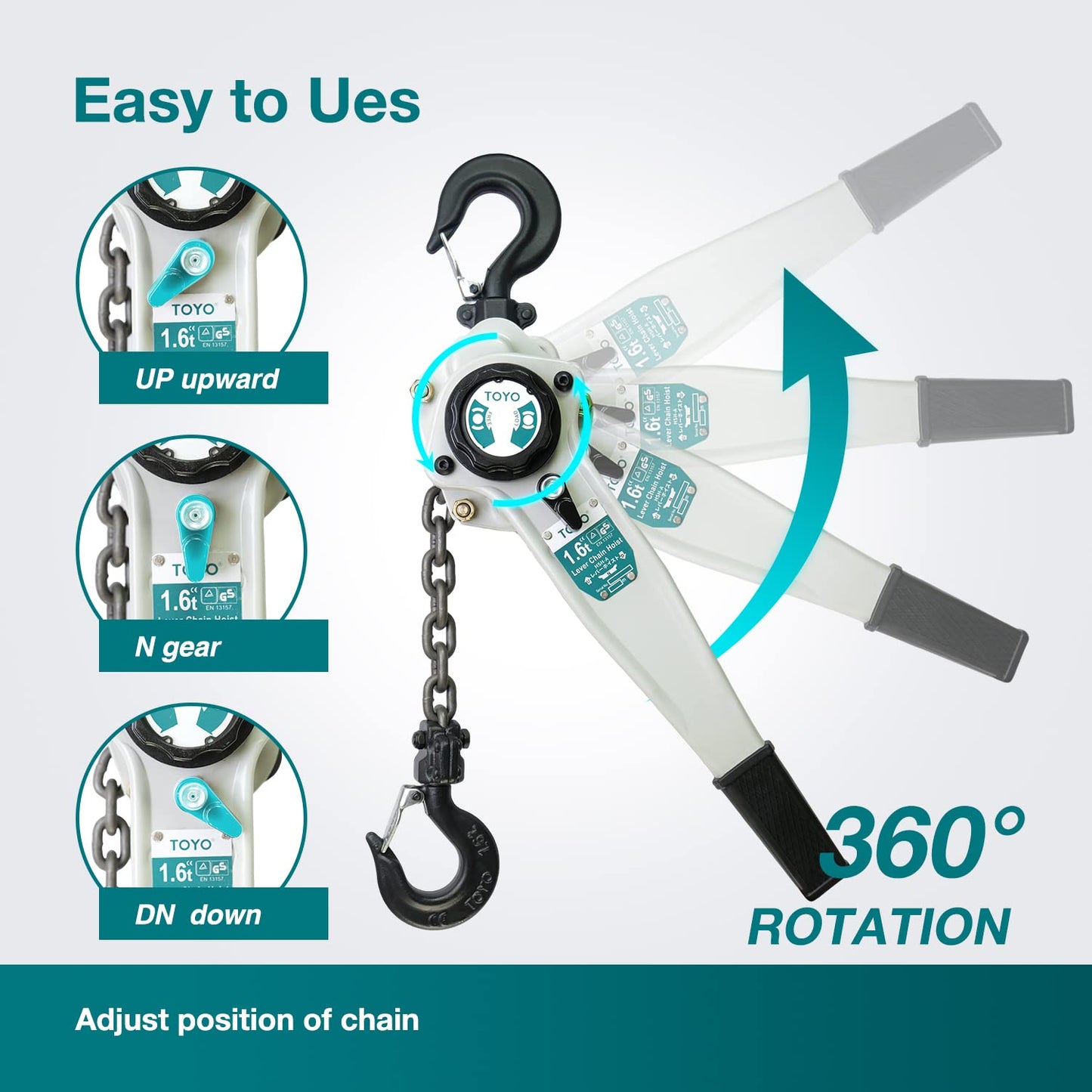 TOYO Lever Chain Hoist 3500Lbs 20ft,Chain Come Along 1.6T 20Ft Ratchet Chain Puller Hoist Alloy Steel G80 Chain 2 Heavy Duty Hooks for Building Warehouse Automotive Garages Machinery (3500LB 20FT)