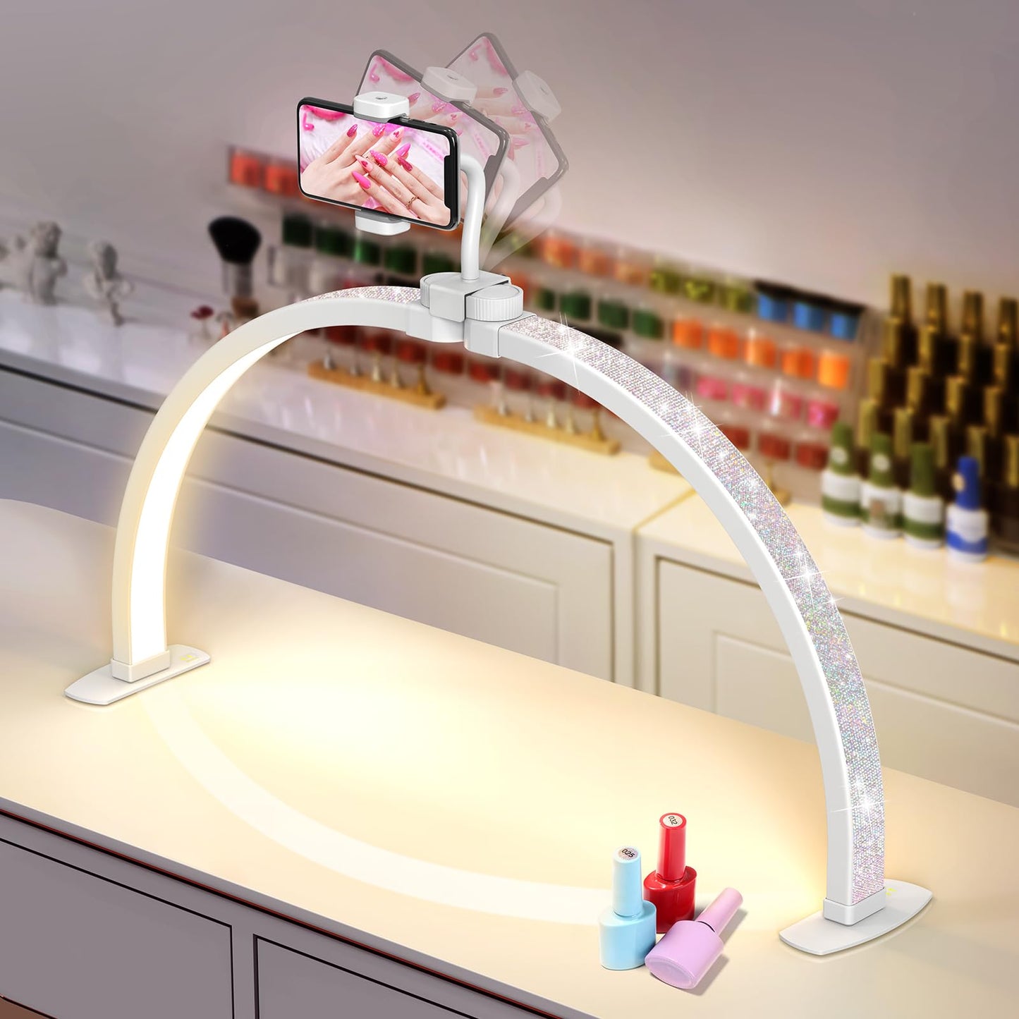 Yokilly Half Moon Nail Desk Lamp - 23in Foldable with Phone Holder, 3 Color Modes, 10 Brightness Levels, Small, Crystal Diamond