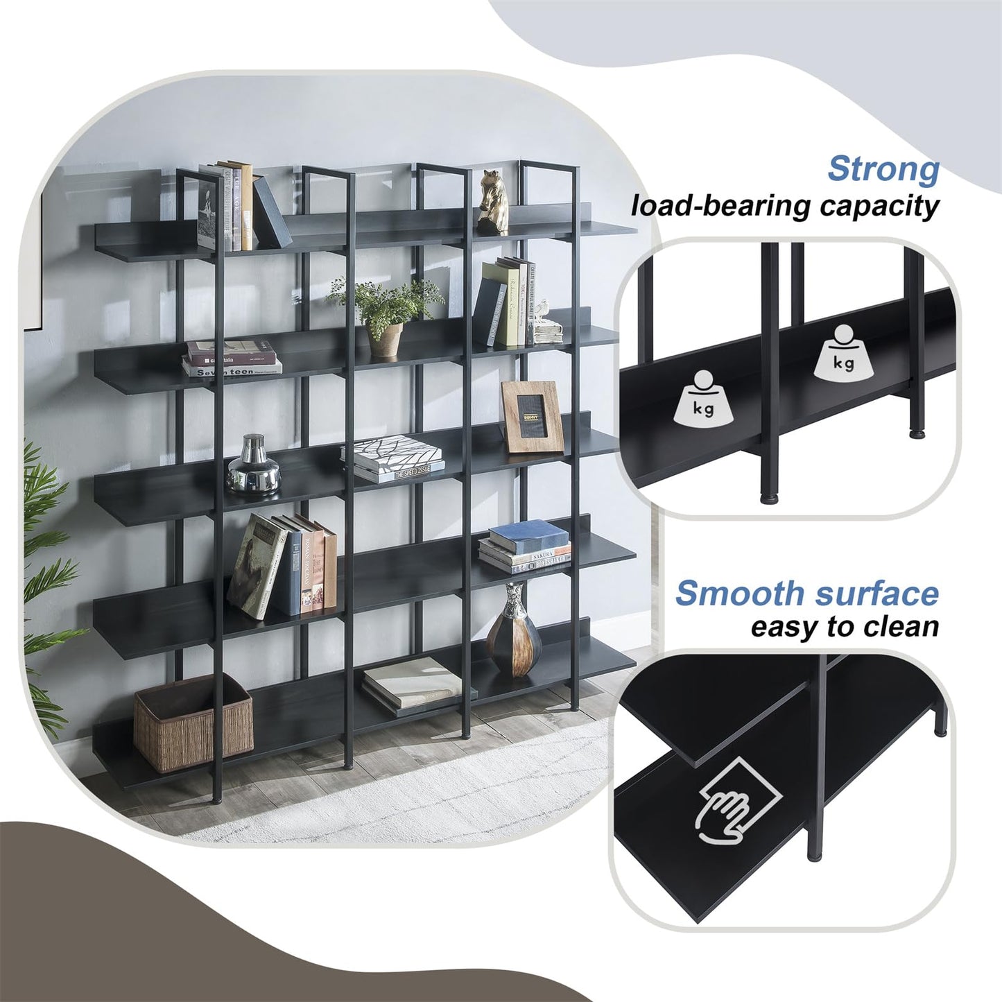 LKJYBG 5-Tier Bookcase with Metal Frame Vintage Open Bookshelf Industrial Style Book Case for Home Office Living Room Grey