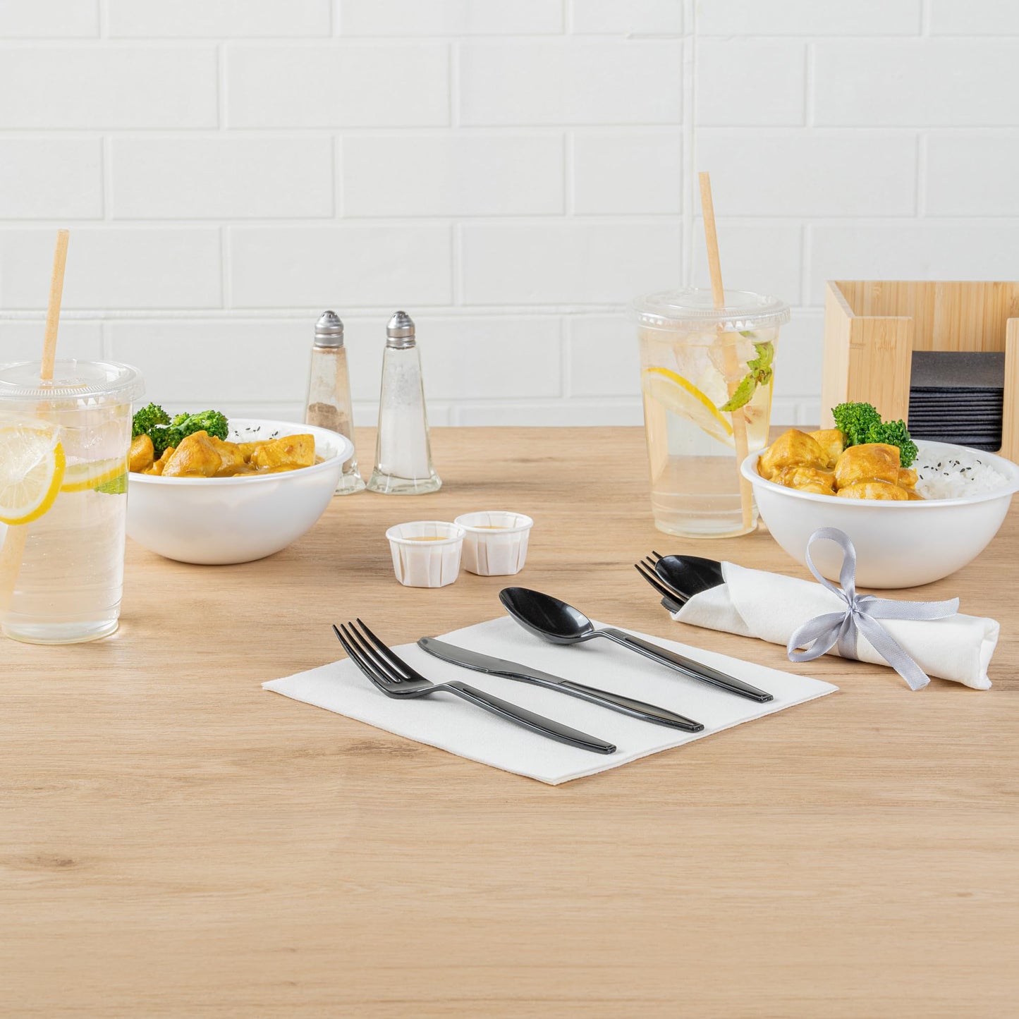 Restaurantware-7.3 Inch x 2 Inch Plastic Cutlery Sets, 100 Plastic Flatware Sets - Silver Ribbon, With White Napkin, Indivudally Wrapped, Black Plastic Disposable Cutlery Sets, For Weddings And Events
