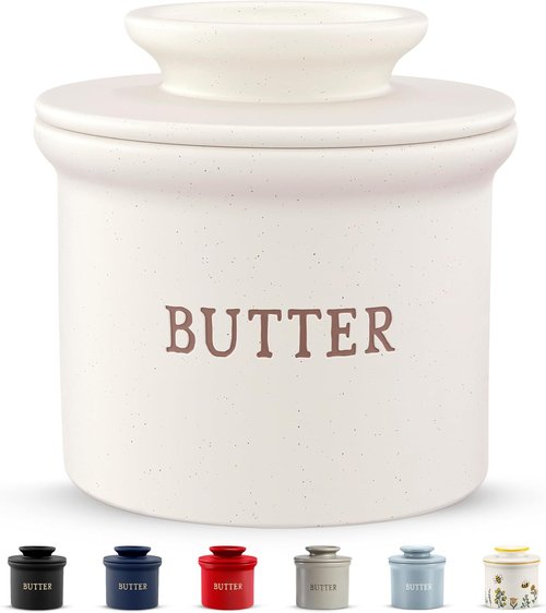 Kook Butter Keeper Dish - French Ceramic Crock with Lid for Soft Butter | Matte Oatmeal, Perfect Gift for Home Decor
