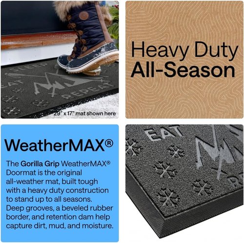 GORILLA GRIP Waterproof All-Season WeatherMAX Doormat - 35x23 Natural Rubber, Stain & Fade Resistant, Easy Clean Graphite