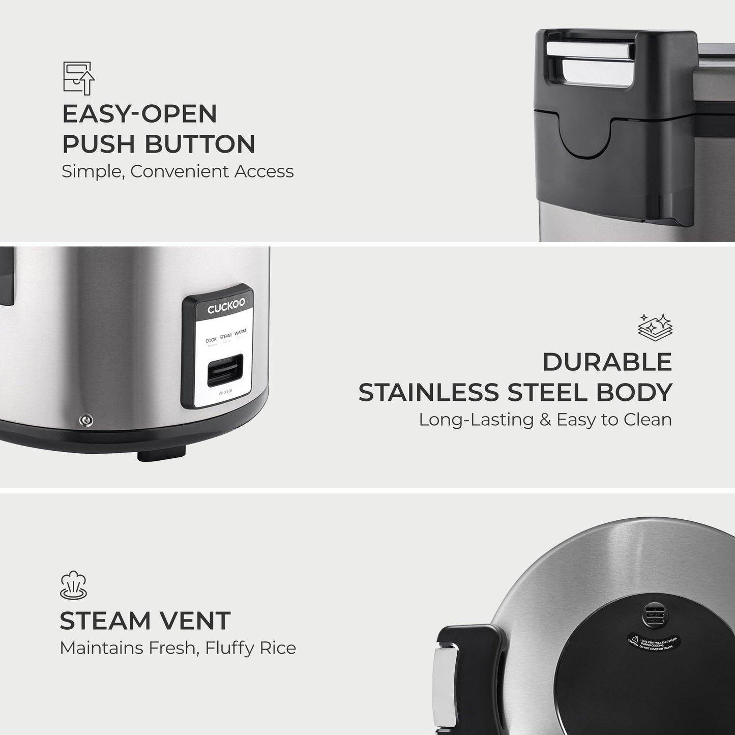 CUCKOO Commercial Rice Cooker & Warmer, Extra Large Rice Cooker 30-Cup Uncooked / 60-Cup Cooked, Professional Industrial Grain Cooker with Large Capacity, Easy One-Touch Operation, Silver (CR-3055)