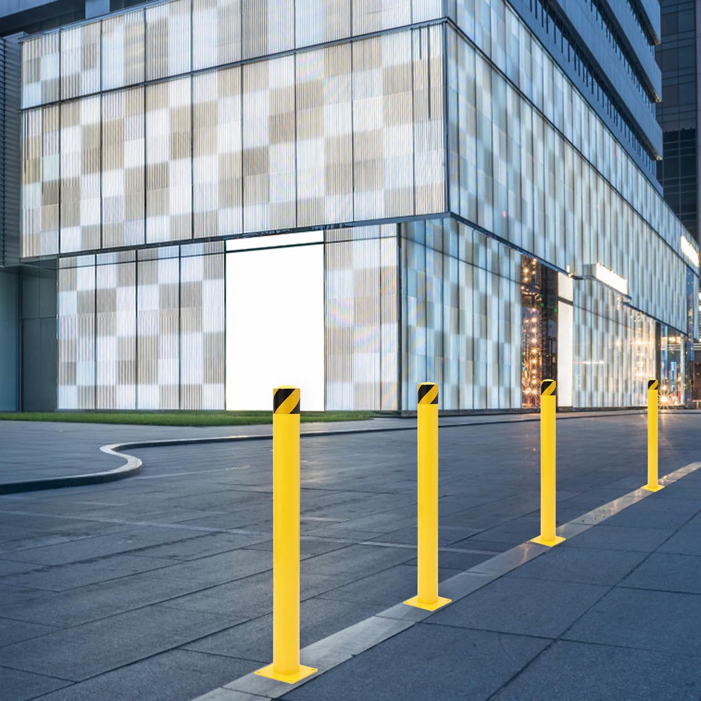 PeakPursuit 42 Inch Height Safety Bollard Post, 2 Pack 4.5 Inches Diameter Steel Pipe Safety Bollard, Yellow Parking Bollard with 24 Anchor Bolts, Steel Bollard Post for Traffic-Sensitive Area