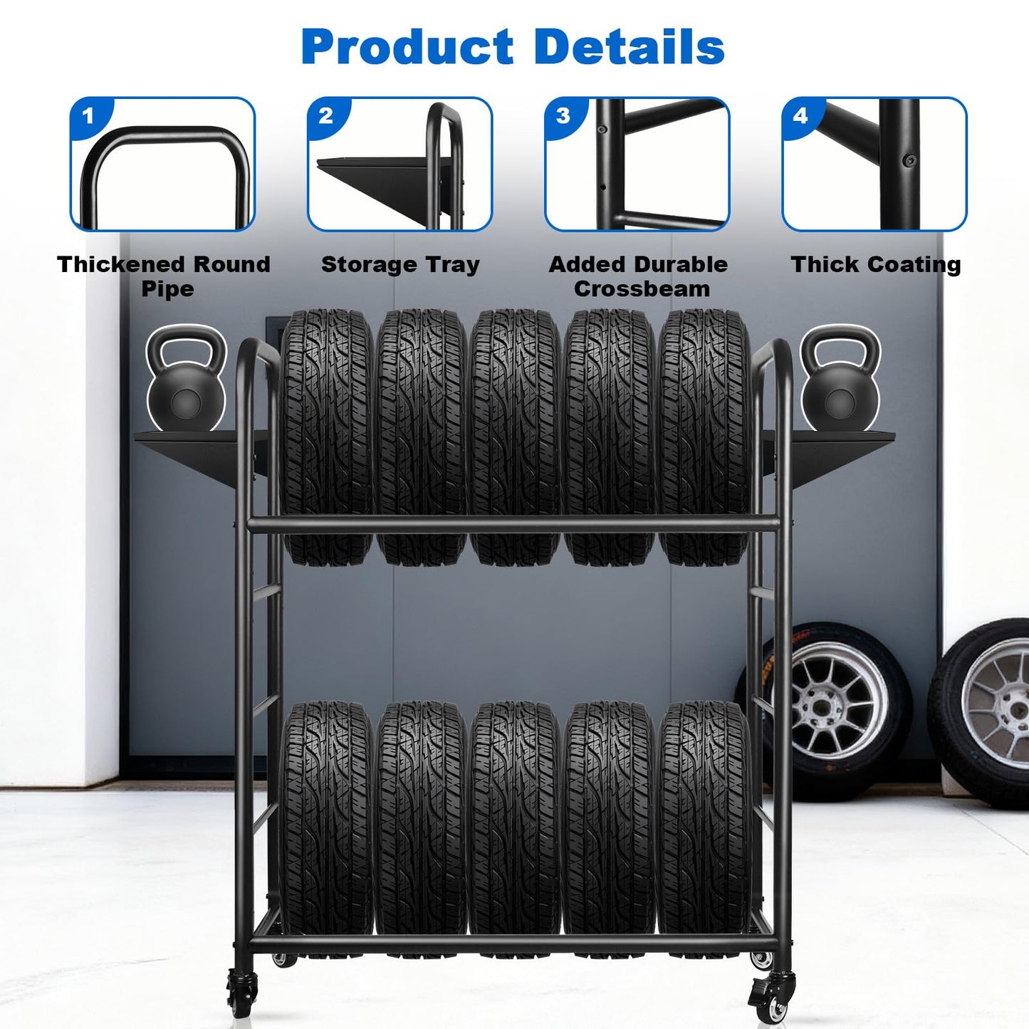 Togarhow Tire Rack, 59 x 57 x 20 Inches Garage Tire Storage Stand with Storage Tray 218KG/480LBS Capacity, 2 Storage Shelf & 4 Swivel Casters Rolling Tire Storage Rack, Black