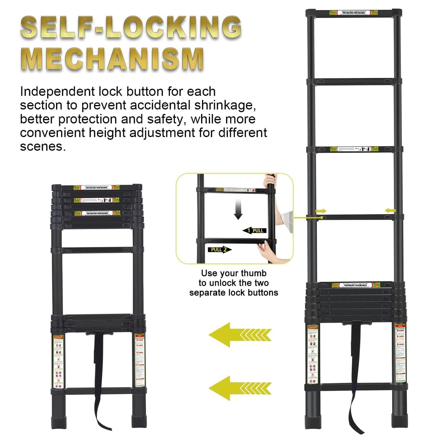RIKADE 16.5FT Telescopic Ladder, Aluminum Telescoping Ladder with Non-Slip Feet, Portable Extension Ladder for Household and Outdoor Working, 330lb Capacity, Black