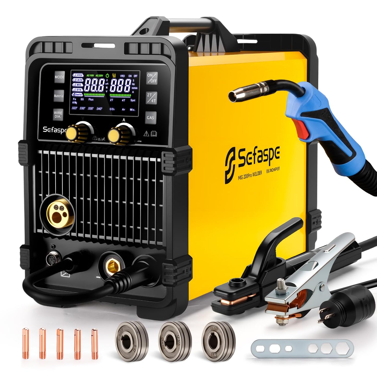 Sefaspe 200Amp MIG Welder, 2026 Newest [Large LED Display] 110/220V Welding Machine, 7 in 1 STICK/Lift-TIG/MIG/SYN/SpoolGun/Flux/Spot, Ideal for DIY and Metal Workshop