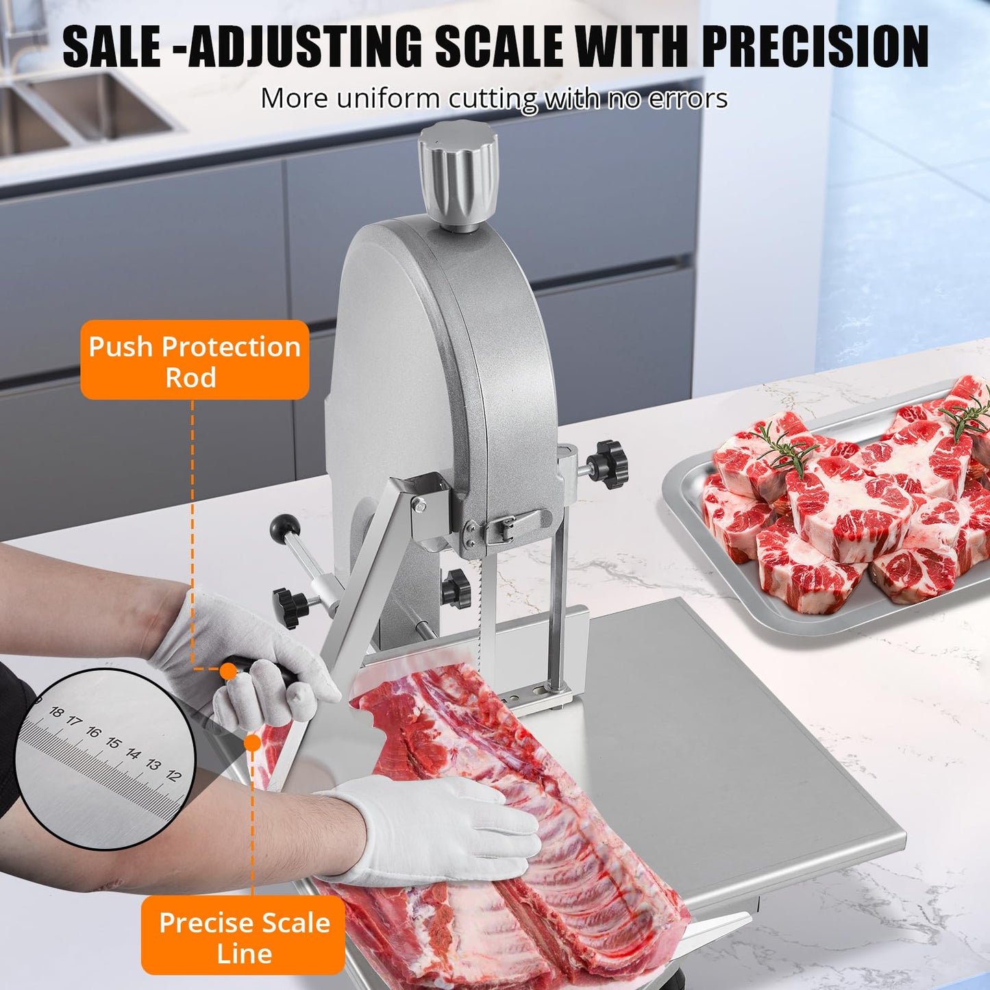 1100W Commercial Electric Meat & Bone Band Saw with Stainless Steel Table (19.3"X15"), Adjustable Thickness 0.16-7.9", Includes 5 Blades – Frozen Meat Cutter Ideal for Butcher Shops, Restaurants, Home