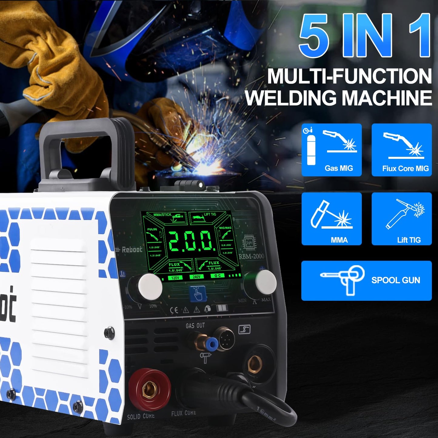 Reboot RBM2000 5-in-1 Welder 120V/240V with Spool Gun - 2025 Upgrade Complete Kit for Aluminum Welding, Steel, Metal Finishing, MIG, Flux Core, Lift TIG, Stick Welding Machine