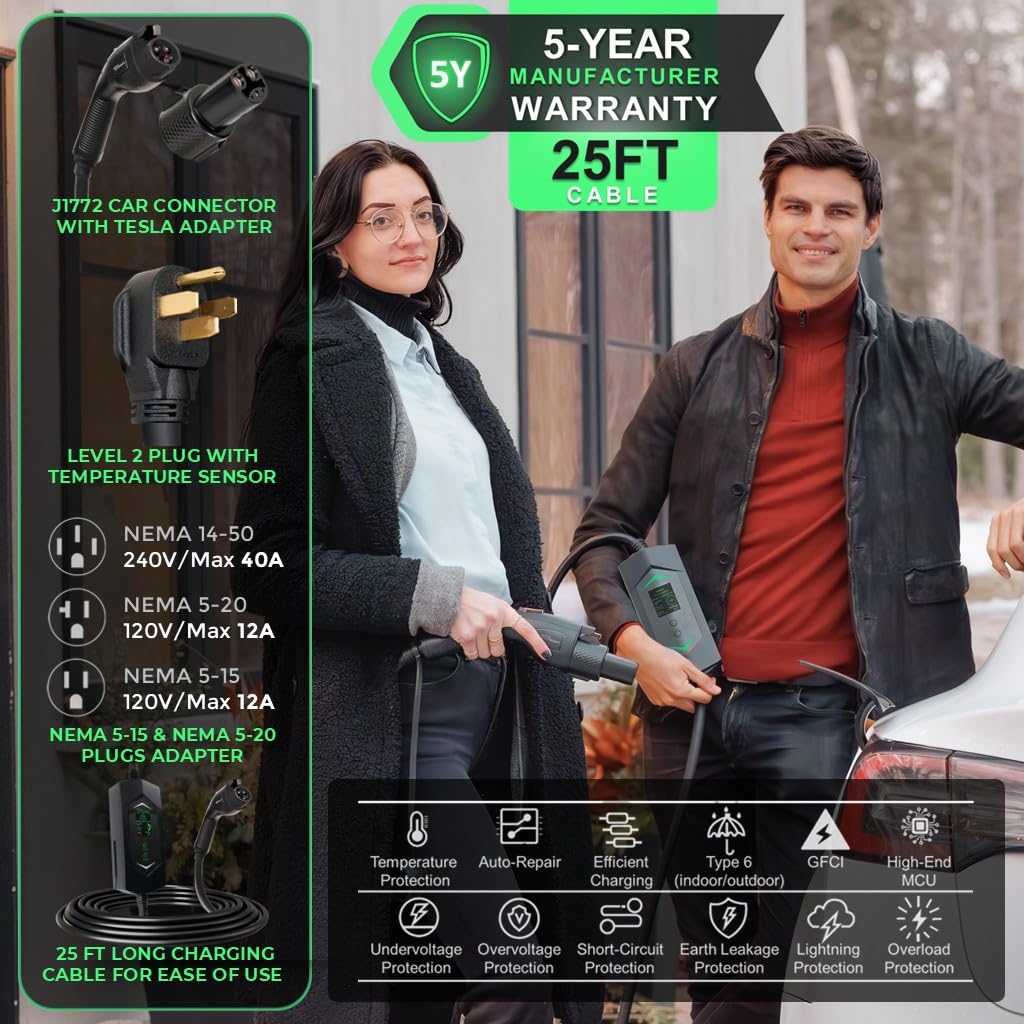 MACH 3 Fast 40 Amp Level 1&2 Portable EV Charger, Electric Vehicle Charging Station, 120-240V NEMA 14-50 w/ 5-15 Adapter. SAE J1772 car Connector & Tesla mobile NACS, Outdoor EVSE, 25ft Cable w/holder
