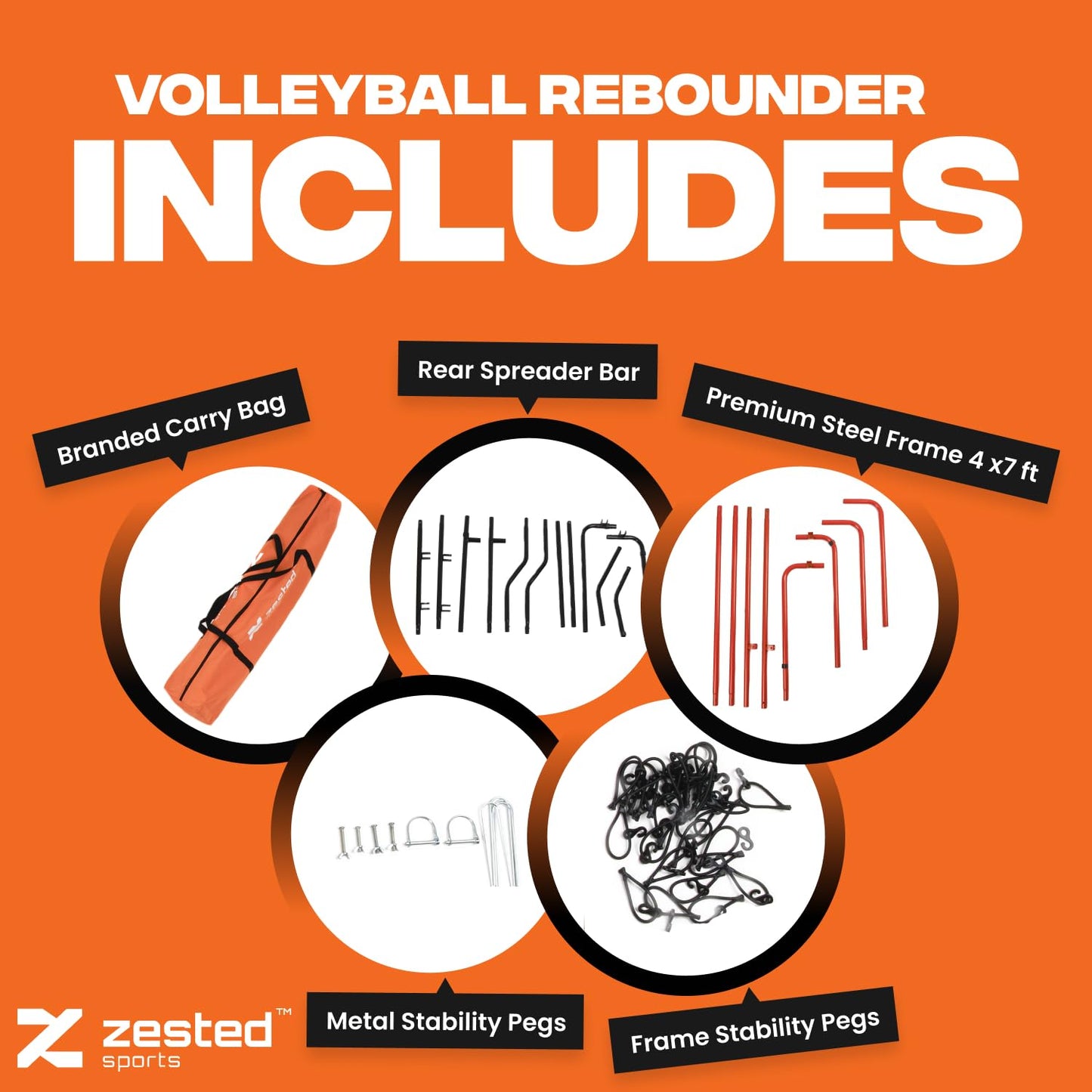 Zested Sports 7x4 FT Multi-Sport Rebounder Net – Adjustable Training Net for Volleyball, Lacrosse, Baseball & Soccer – Heavy-Duty Steel Frame, High-Tension Net & Carry Bag for Indoor/Outdoor Practice