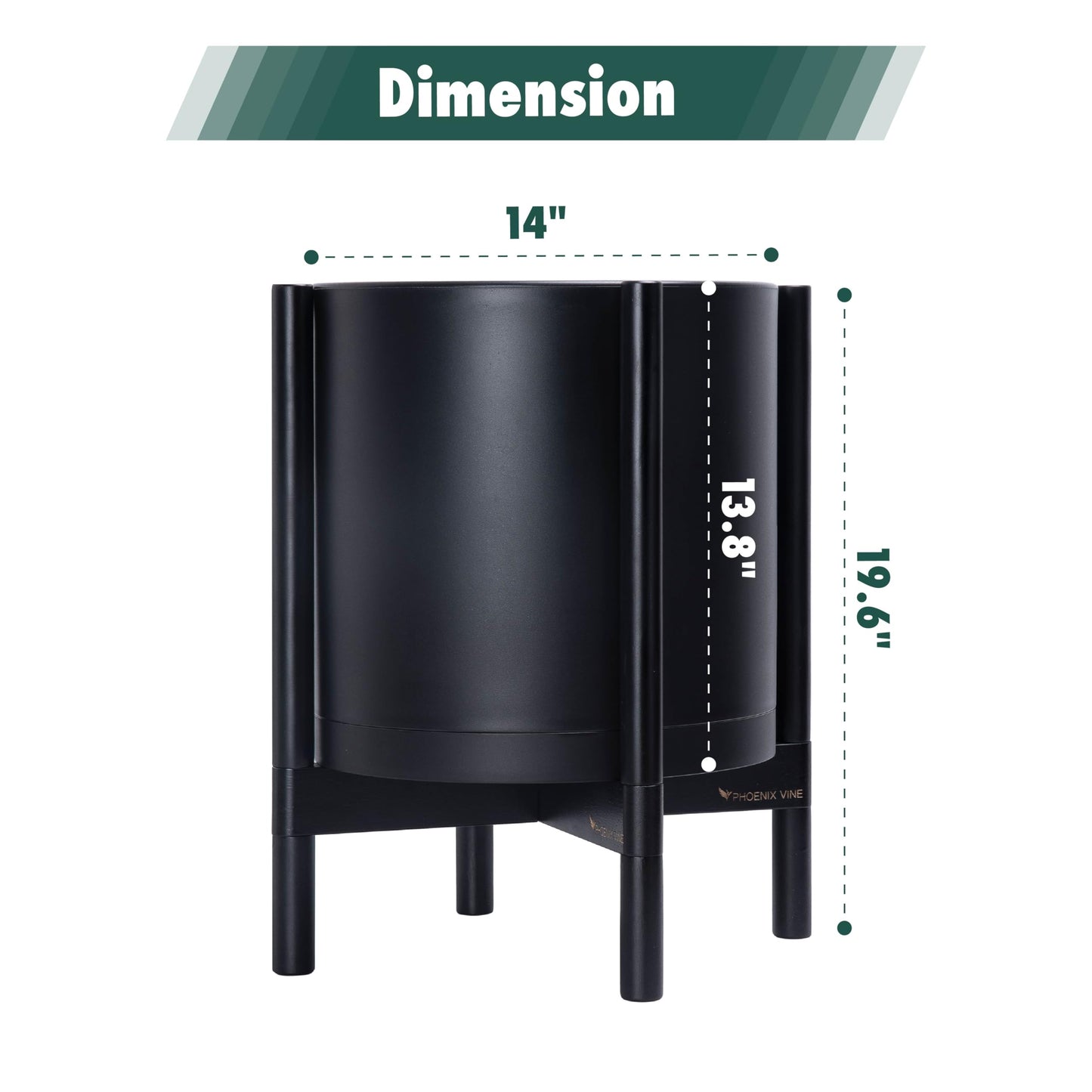 D'vine Dev Planter Pot with Stand - 14 Inch Plastic Cylinder Flower Pot with Wood Planter Holder for Indoor, Matte Black Pot + Ebony Stand, 55-C-T-2