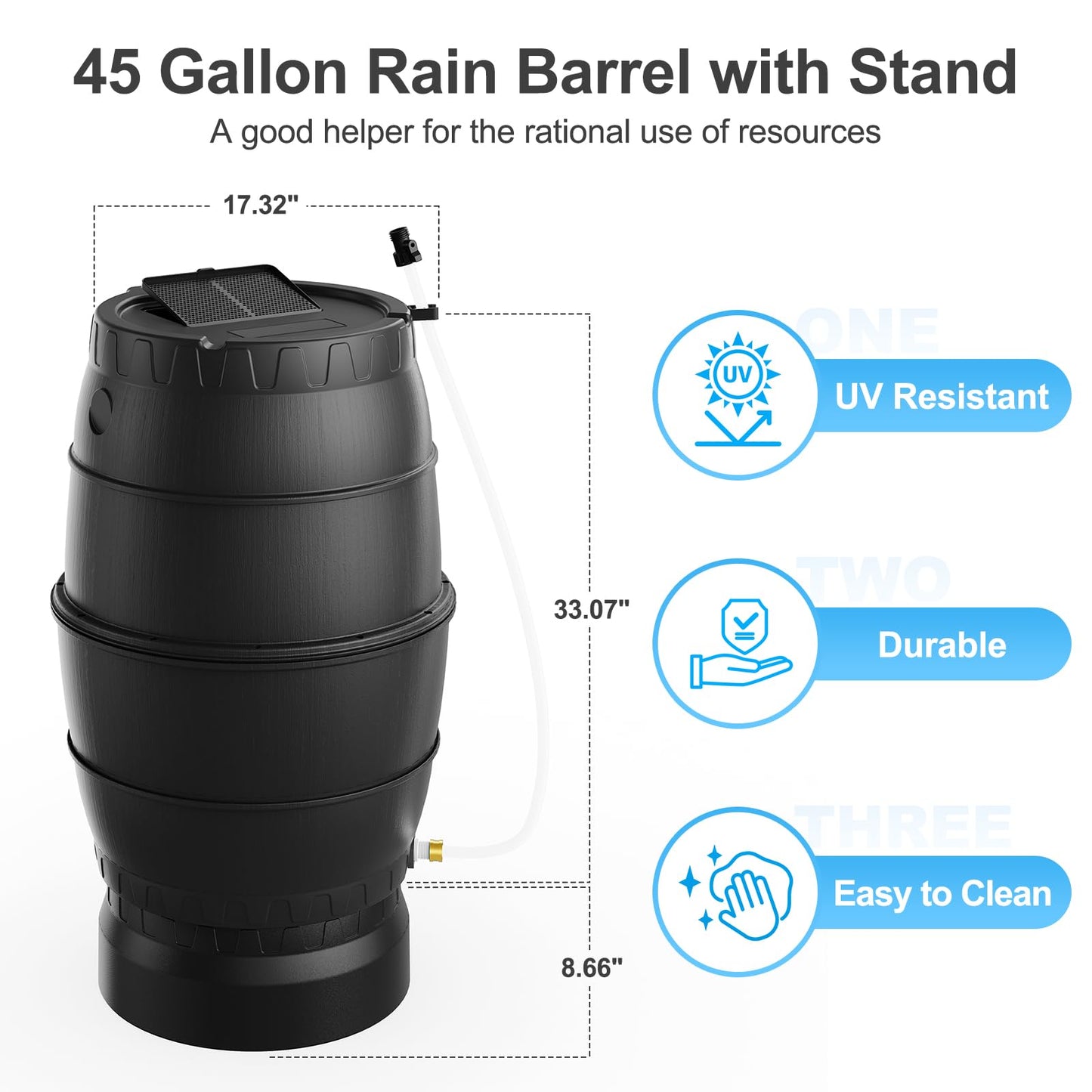 EJWOX Rain Barrel with Stand to Collect Rainwater from Gutter, Heavy Duty BPA Free Rain Water Collection Barrel with Spigot and Filter (45 Gallon, Black)