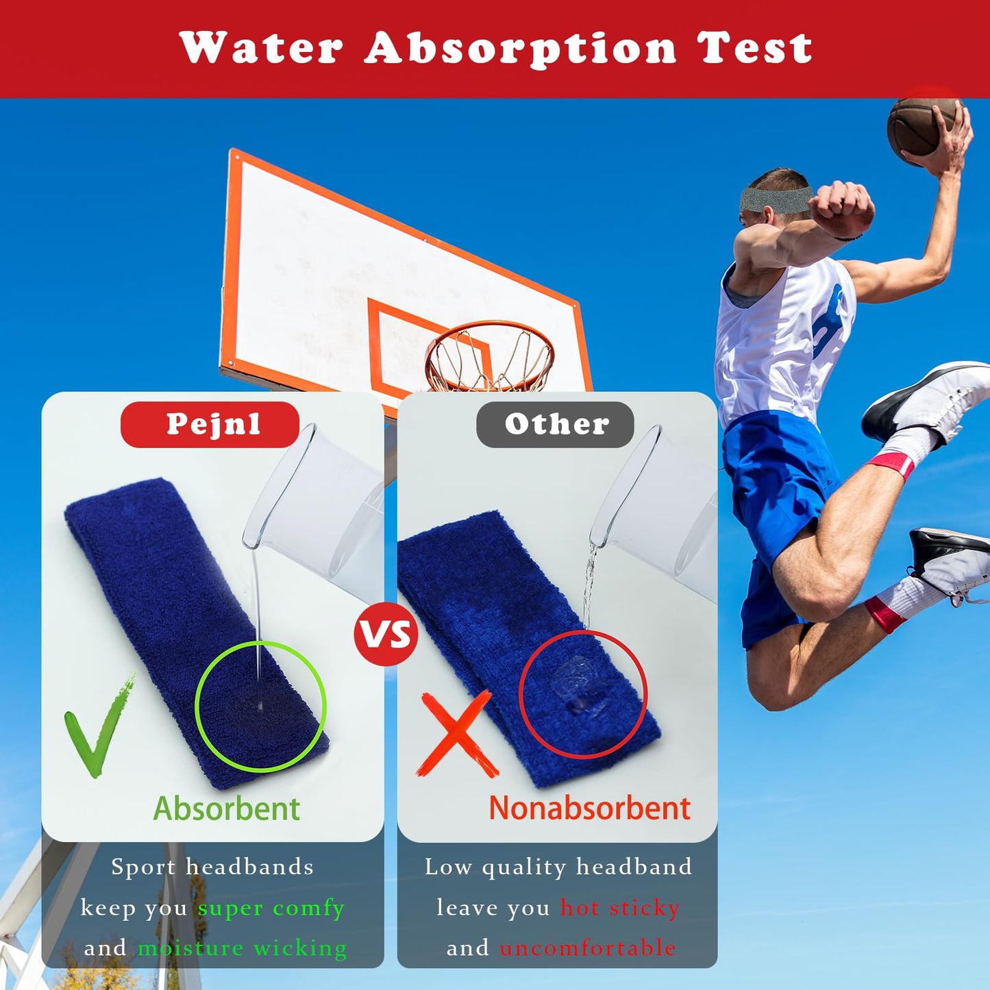 Pejnl Sweatbands Sports Headbands for Men & Women - 3 Pack Moisture Wicking Cotton Headband for Tennis, Basketball, Running, Gym - Sweat Band