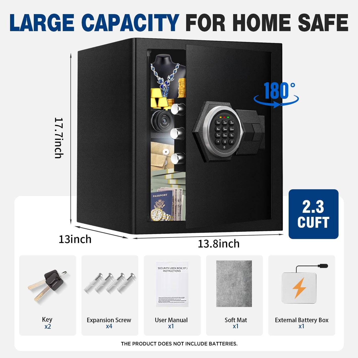 Fdsutvit 2.3 Cu Ft Fireproof Home Safe Box- Steel Security Box with Digital Electronic Keypad, Safety Lock Box for Office, Removable Shelf, Fire Proof Safe for Documents Money Jewelry Gun
