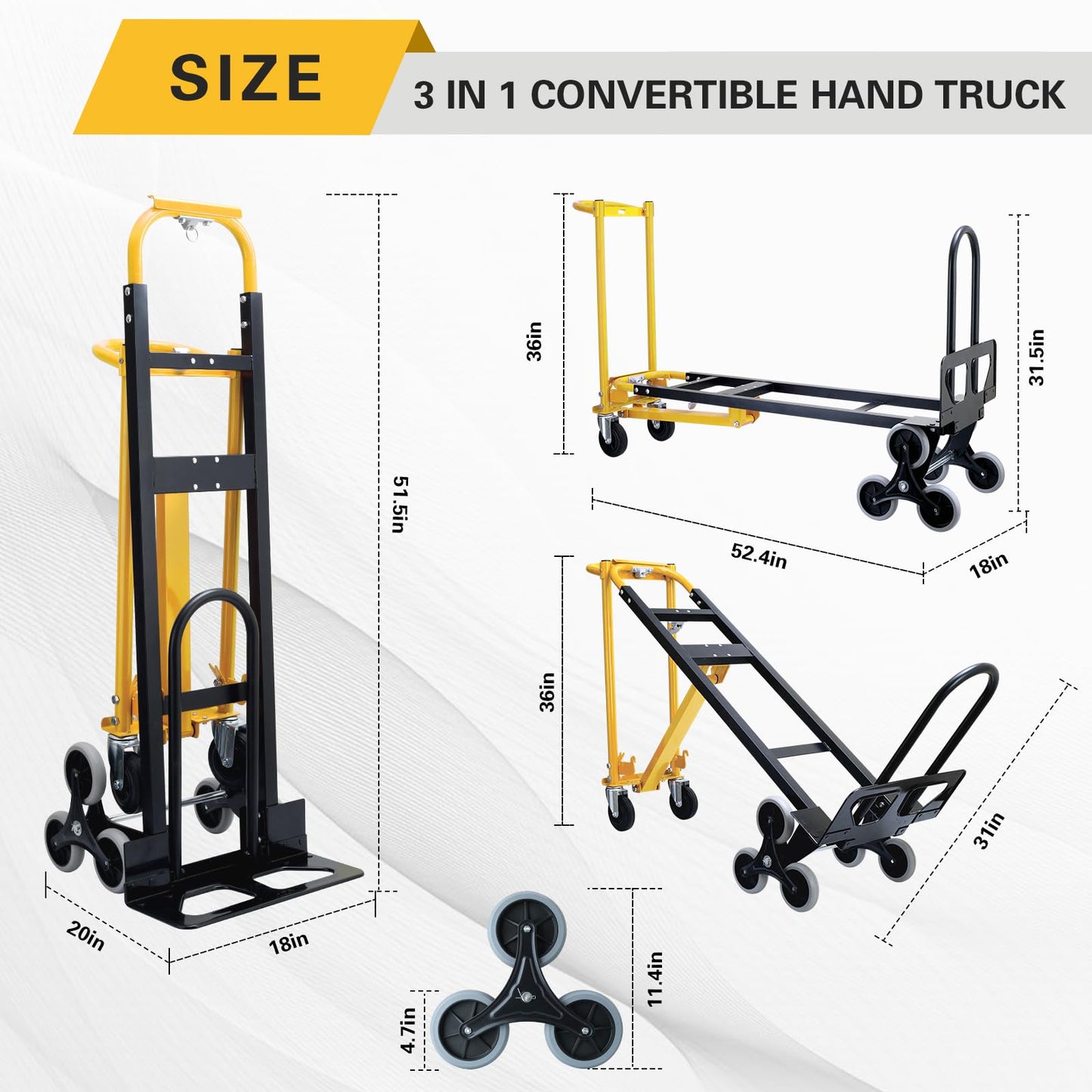 Southhelp 1000 LBS Industrial Convertible Hand Truck,3 in 1 Stair Climbing Dolly Cart,Stair Dolly Climber Heavy Duty with Solid Wheels for Moving,Transport in Warehouse,Office(Yellow)