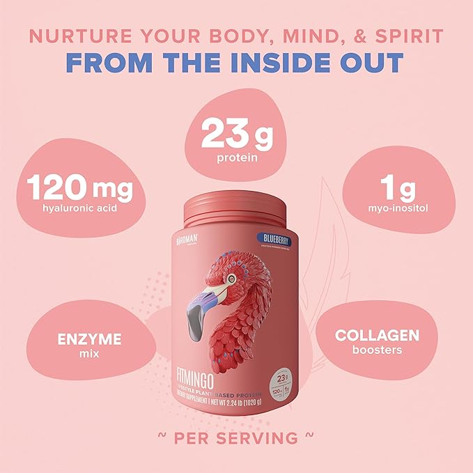 Fitmingo Vegan Protein Powder with Inositol, Collagen Boosters, Hyaluronic Acid and Vitamins | Low Carb, Dairy Free, Lactose Free, Low Calorie, 23g Plant Based Blueberry Protein Powder