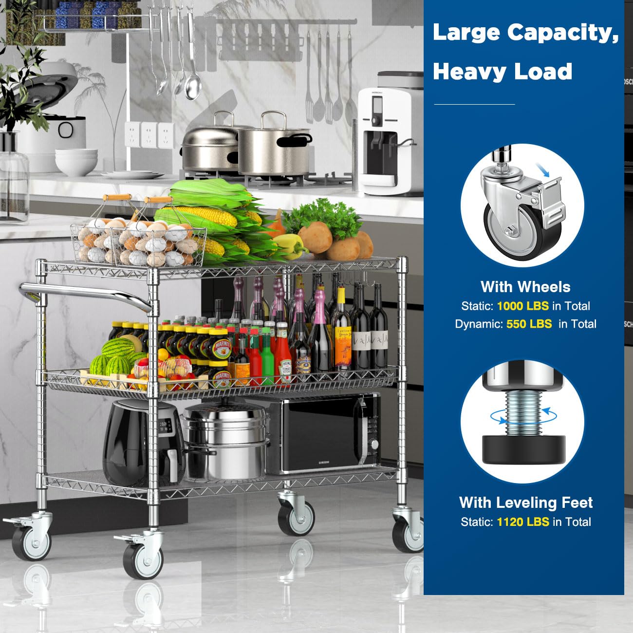 Leteuke Heavy Duty Rolling Utility Cart, 45 Inch Kitchen Carts with Wheels, NSF Commercial Grade with Handle & Shelf Liners, 1120LBS Storage Cart for Kitchen,Restaurant,Plant Display-Chrome