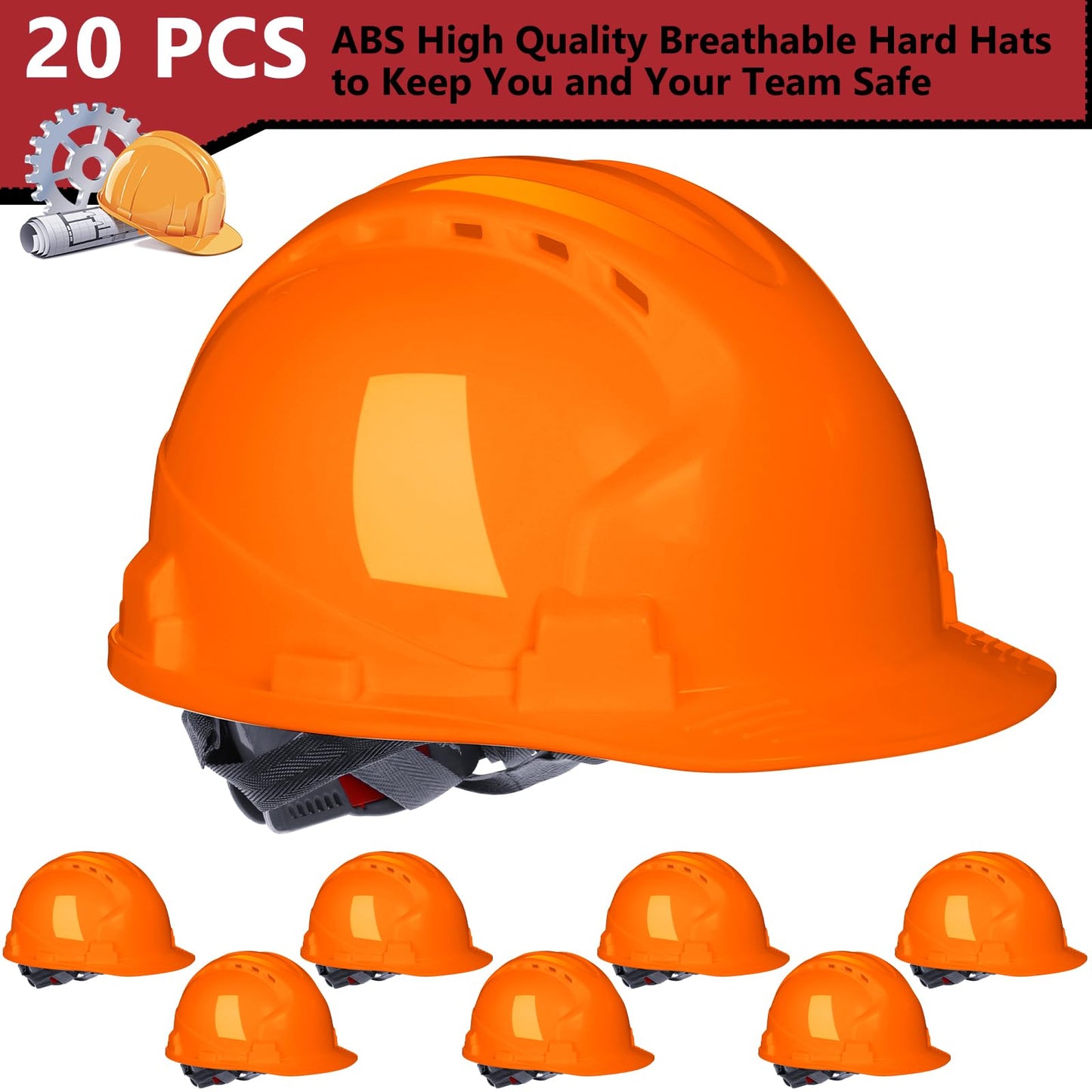 Leumoi 20 Pack 4 Pt. Suspension Hard Hat Bulk Safety Helmets ABS Ratchet Hard Hats Adjustable Construction Hardhats with Vents and Cotton Brow Pad for Men Work Head Protection(Orange,Classic)