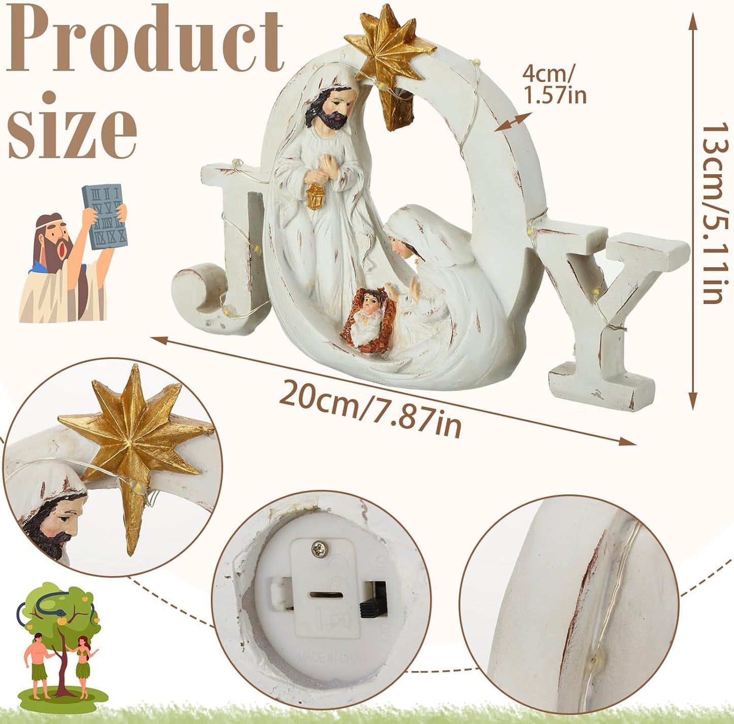 Soaoo Christmas Nativity Scene - LED String Lights & Holy Family Figure Set | Indoor Tabletop Decor