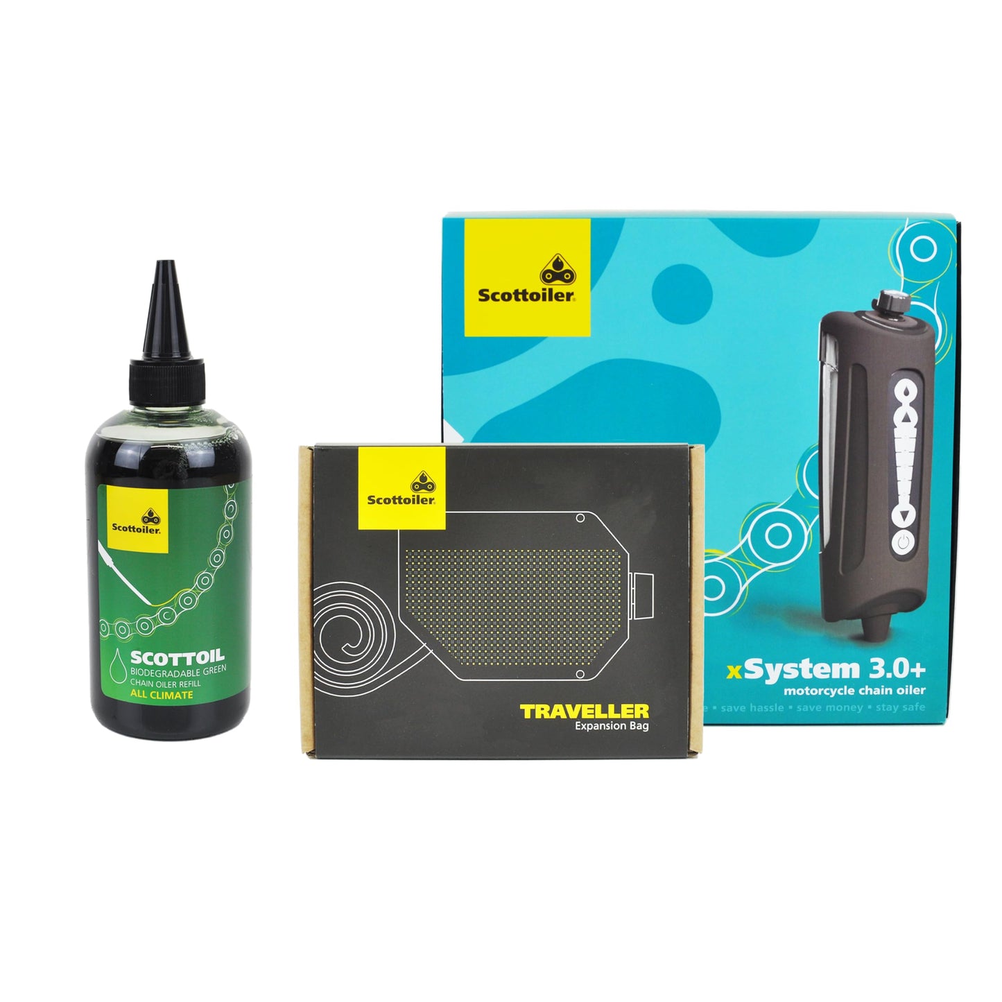 Scottoiler xSystem 3.0+ Electronic Automatic Motorcycle Chain Lubrication System with Bluetooth App Control, Biodegradable Green Scottoil & Traveller Expansion Bag Extra Range Bundle