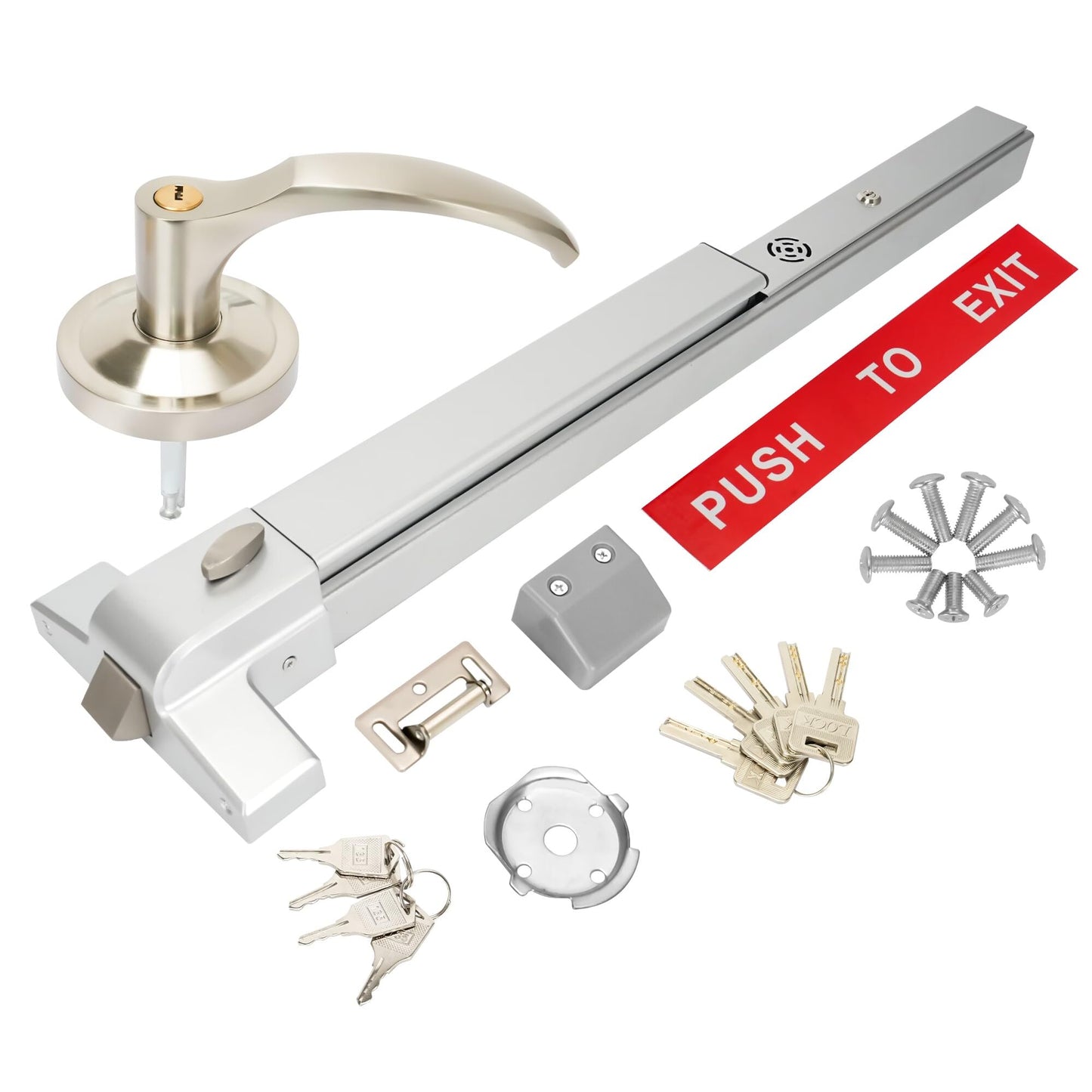 suermany Commercial Door Push Bar Panic Exit Device with Exterior Lever， with Alarm, 27.5” Stainless Steel Panic Bars for Exit Doors, Panic Bar Emergency Door Hardware for Wood Metal Doors
