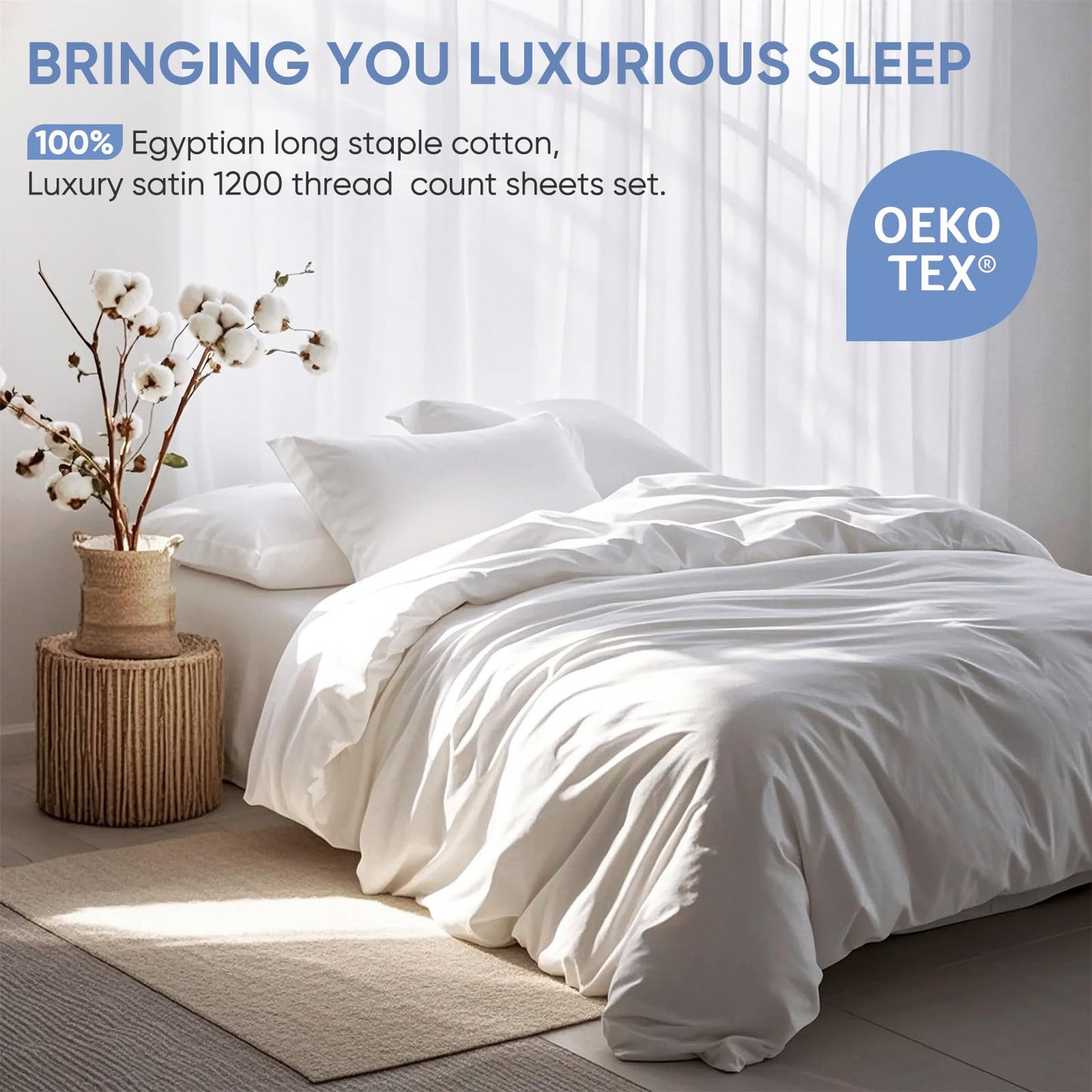 TWK 1200 TC 100% Egyptian Long-Staple Cotton Bedding Sheets Set, Luxury Hotel Style Deep Pocket with Elastic Reinforced Seams Sheet Set, Soft & Comfy Natural Sheets (White, King)