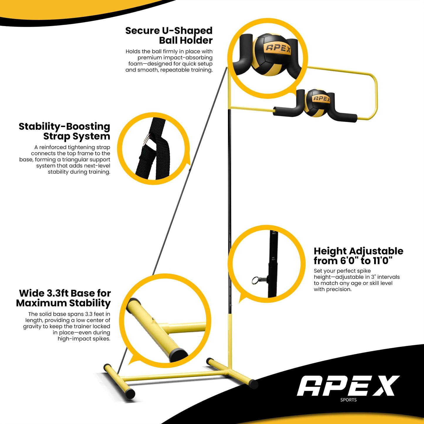 Apex Sports Volleyball Spike Trainer – Adjustable Solo Practice Station for Hitting & Spiking – Durable 25lb Base, Easy Ball Reload – Indoor/Outdoor Training Aid for All Skill Levels