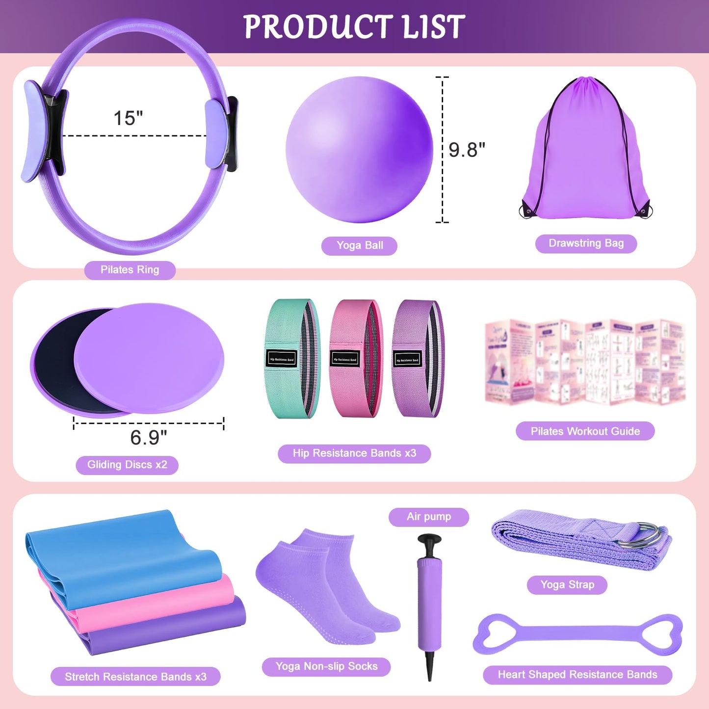 Pilates Kit for Women, Pilates Equipment Kit for Women Home Workouts, Pilates Ring Set, Home Pilates Essentials Kit with Pilates Ring and Ball, Resistance Bands for Strength, Toning, Flexibility